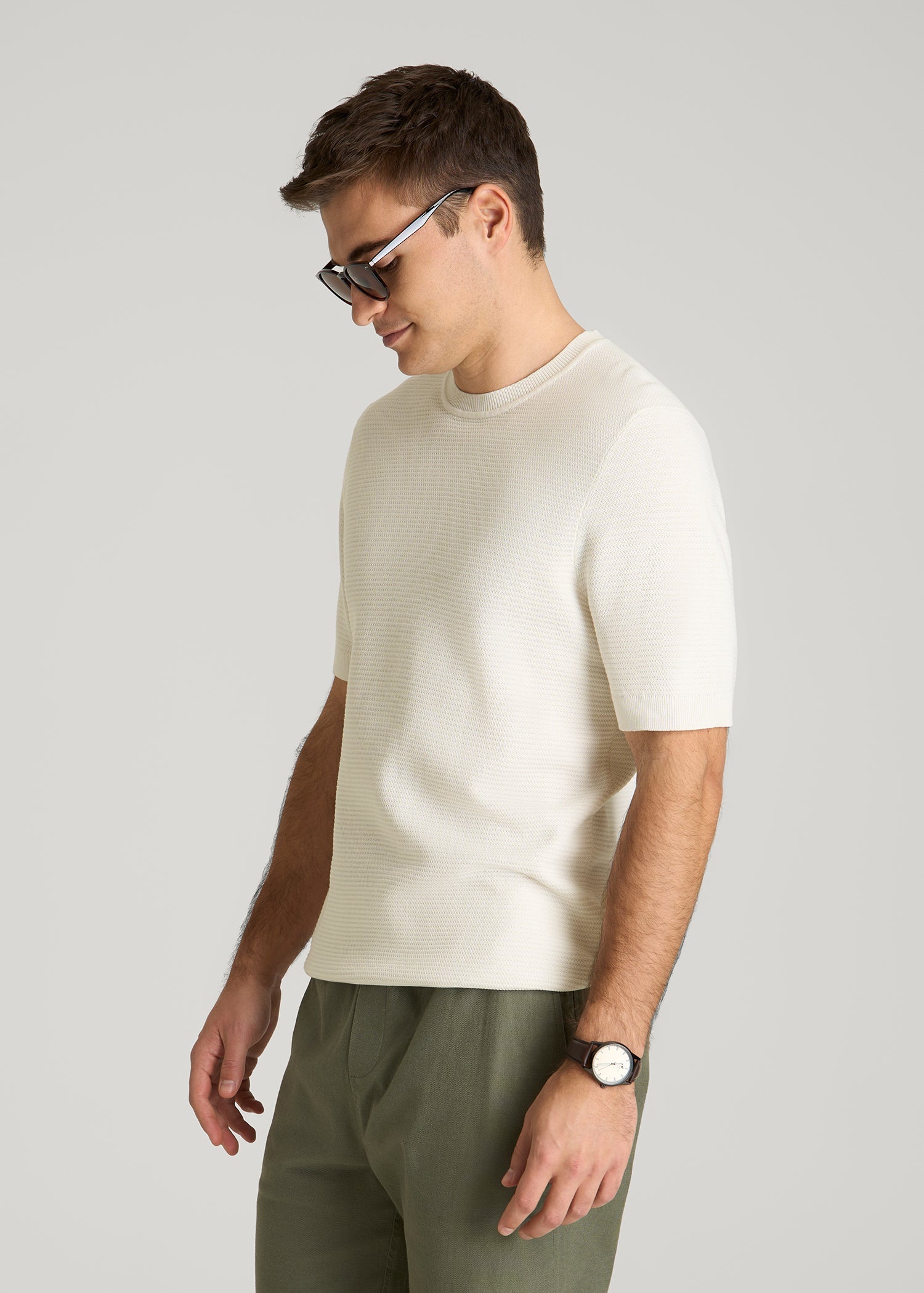 American Tall Discount | Braided Knit T-Shirt for Tall Men in Ecru