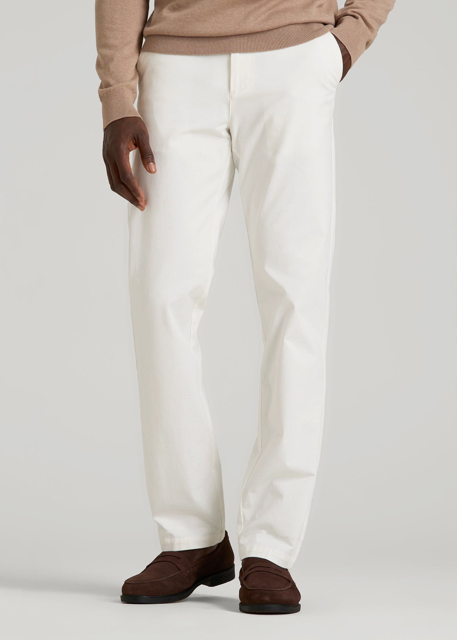 American Tall Discount | 4 Way Stretch Commuter TAPERED Chino Pants for Tall Men in White Alyssum