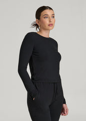 American Tall Discount | Lightweight Ribbed Cropped Lounge Shirt for Tall Women in Black