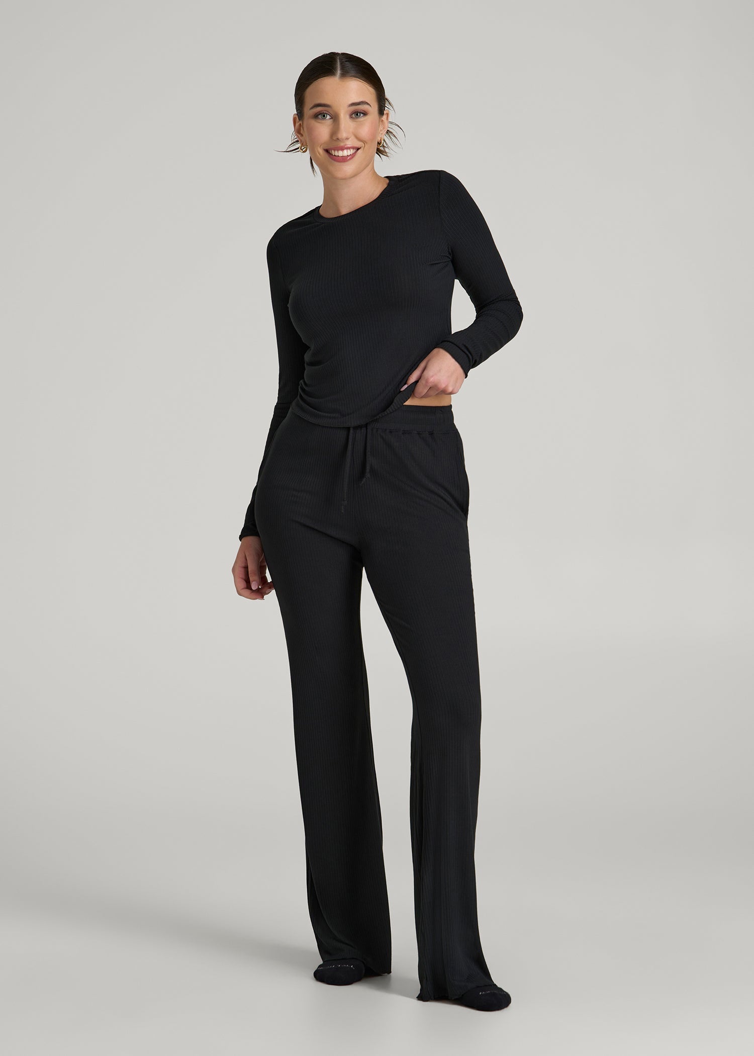 American Tall Discount | Lightweight Ribbed Cropped Lounge Shirt for Tall Women in Black