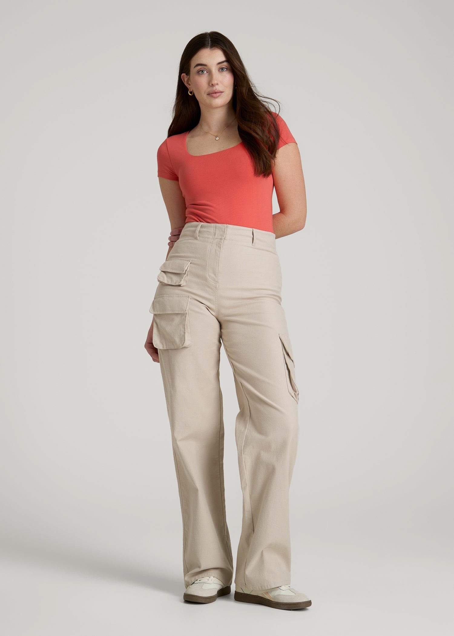 American Tall Sale | Cotton Blend Short Sleeve Square Neck Bodysuit for Tall Women in Sunset Coral