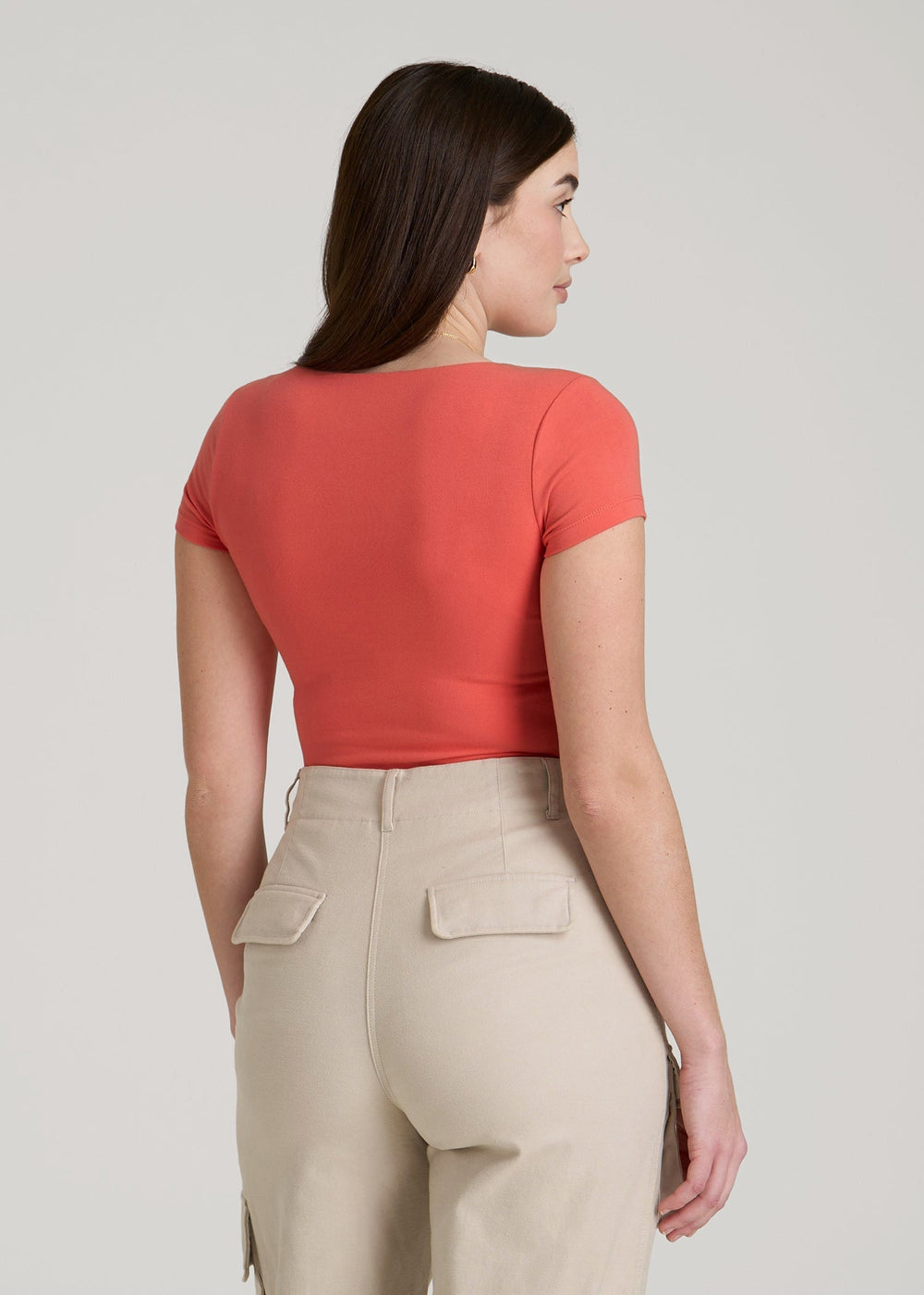 American Tall Sale | Cotton Blend Short Sleeve Square Neck Bodysuit for Tall Women in Sunset Coral