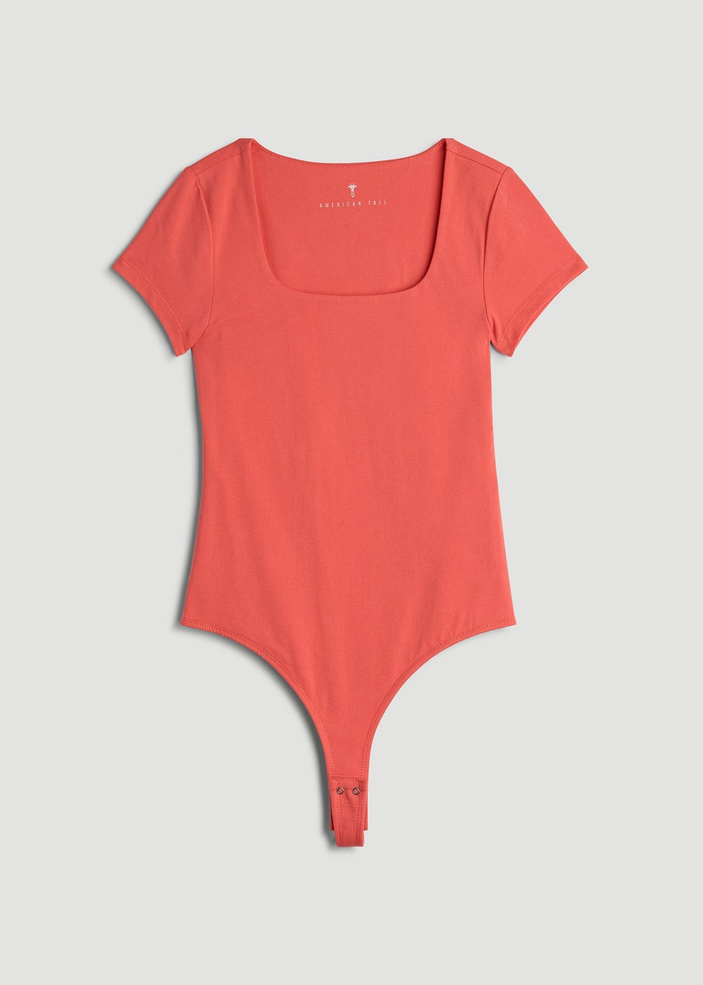 American Tall Sale | Cotton Blend Short Sleeve Square Neck Bodysuit for Tall Women in Sunset Coral