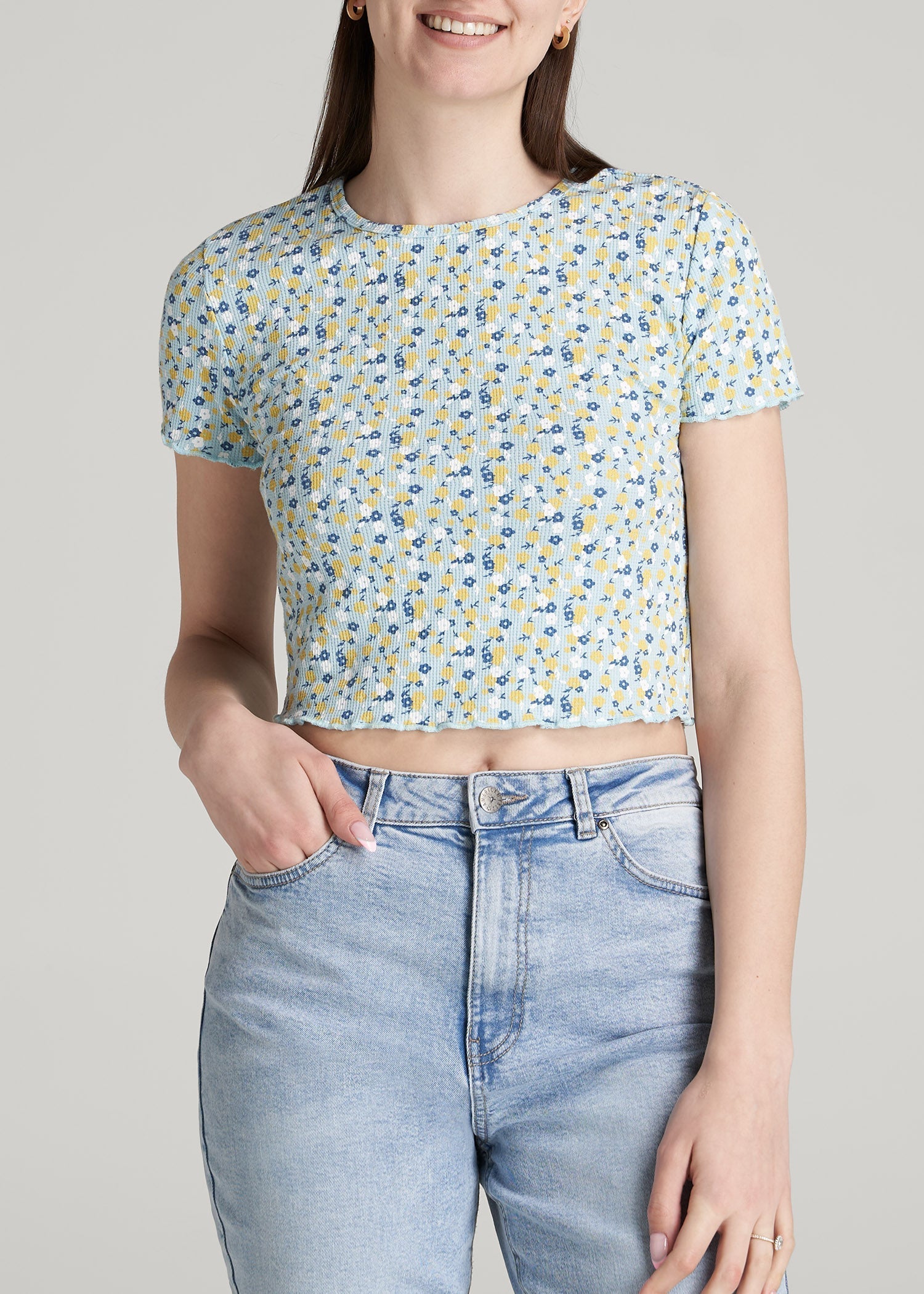 American Tall Outlet | Cropped Waffle Tee for Tall Women in Corydalis Blue Floral