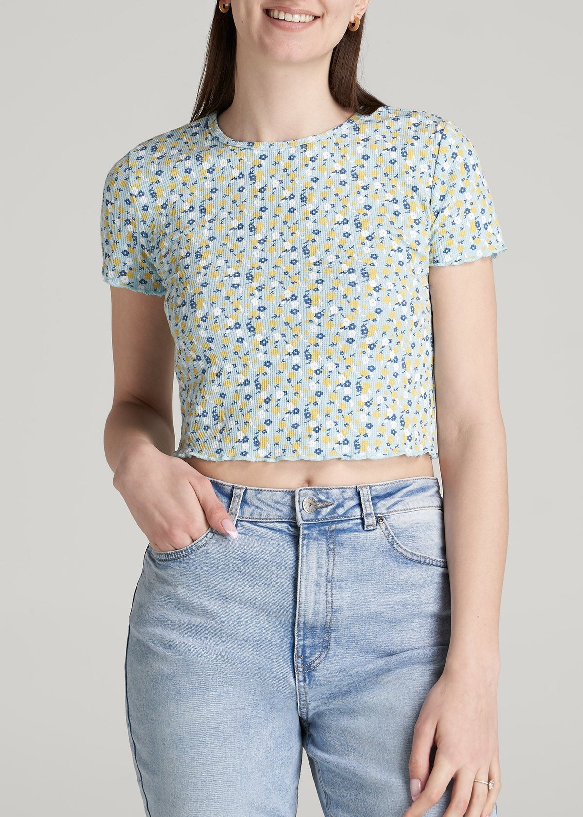 American Tall Outlet | Cropped Waffle Tee for Tall Women in Corydalis Blue Floral