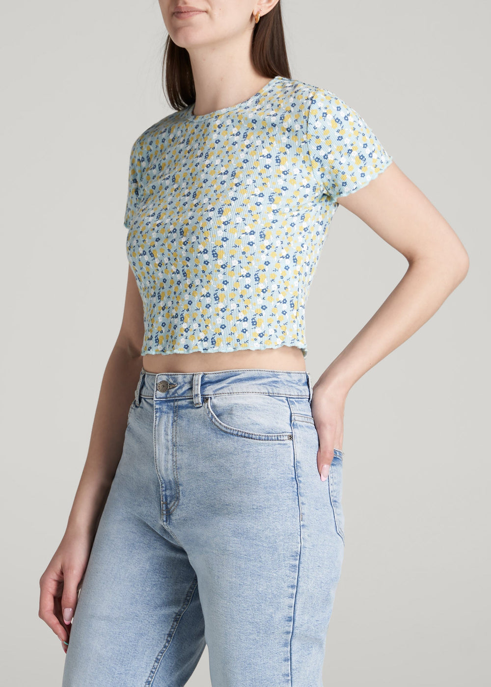 American Tall Outlet | Cropped Waffle Tee for Tall Women in Corydalis Blue Floral