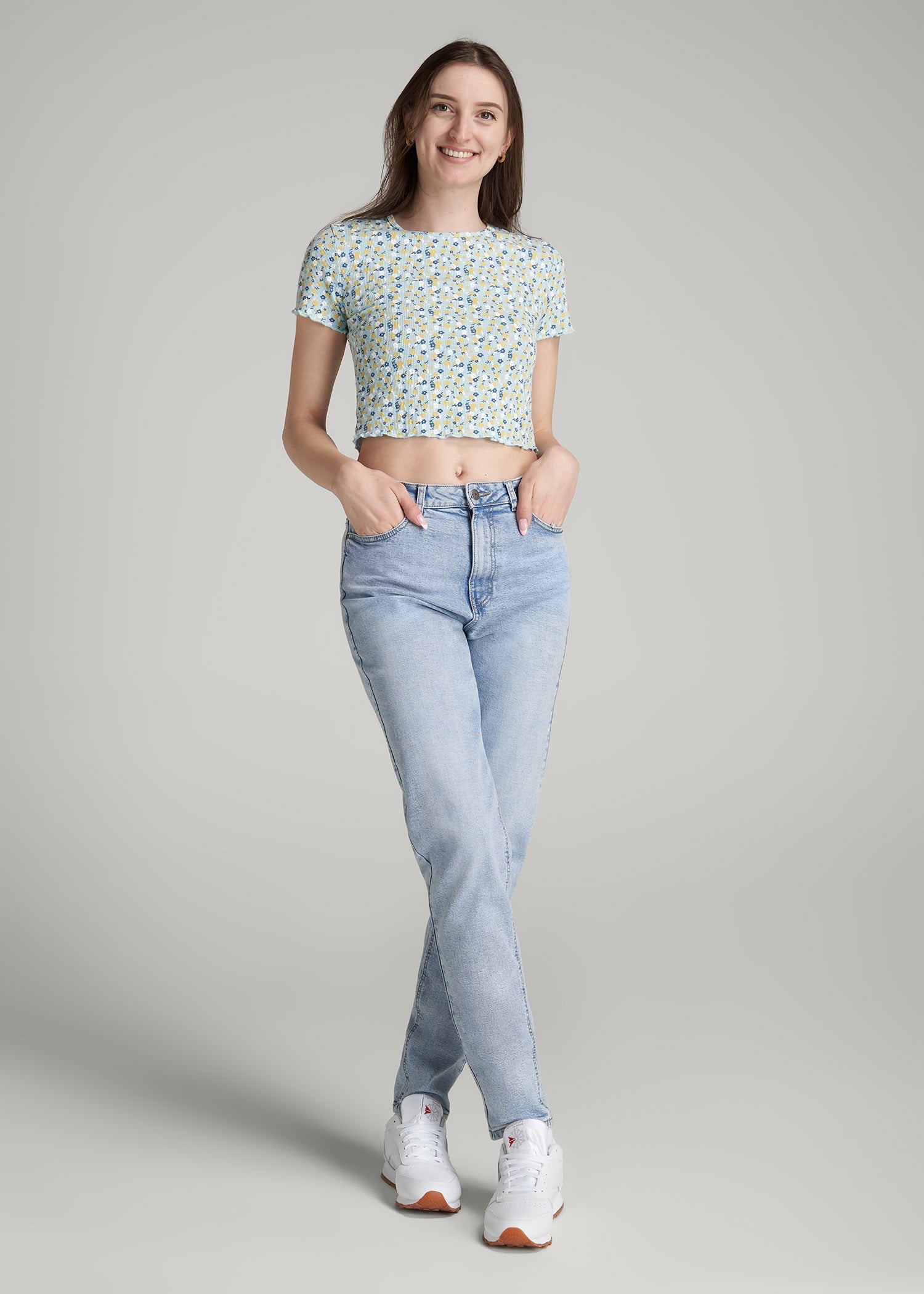 American Tall Outlet | Cropped Waffle Tee for Tall Women in Corydalis Blue Floral