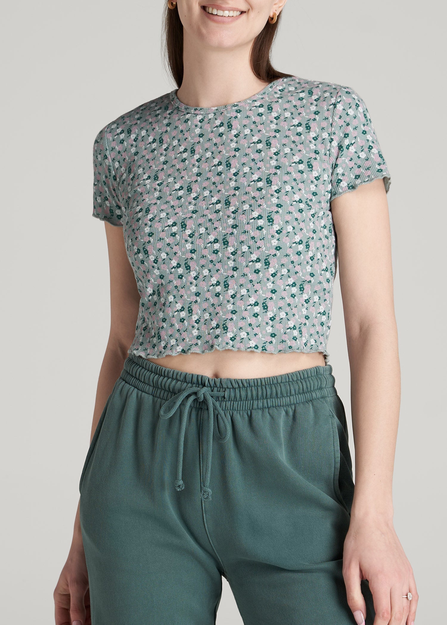 American Tall For Sale | Cropped Waffle Tee for Tall Women in Seaglass Floral