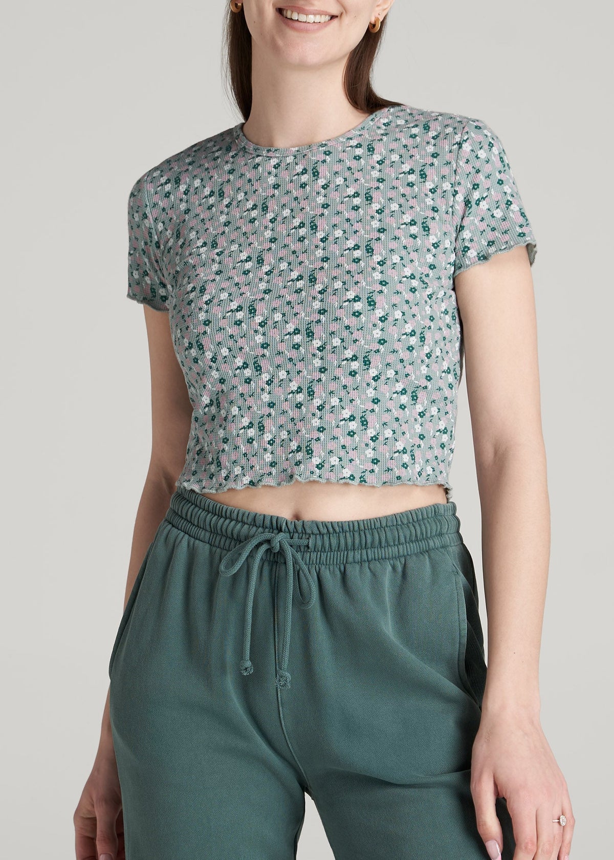 American Tall For Sale | Cropped Waffle Tee for Tall Women in Seaglass Floral