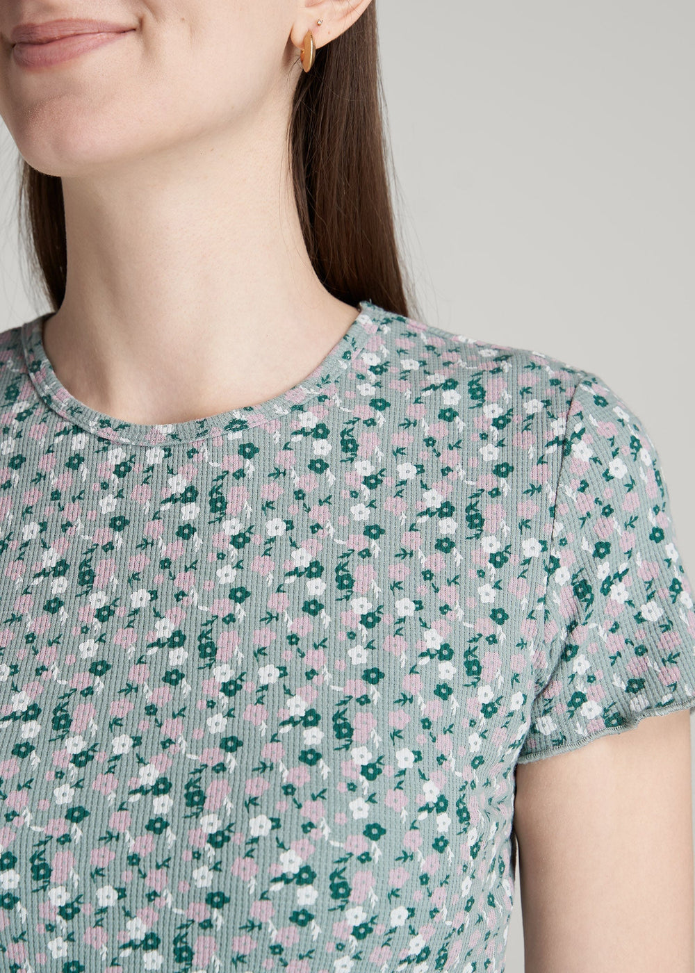 American Tall For Sale | Cropped Waffle Tee for Tall Women in Seaglass Floral