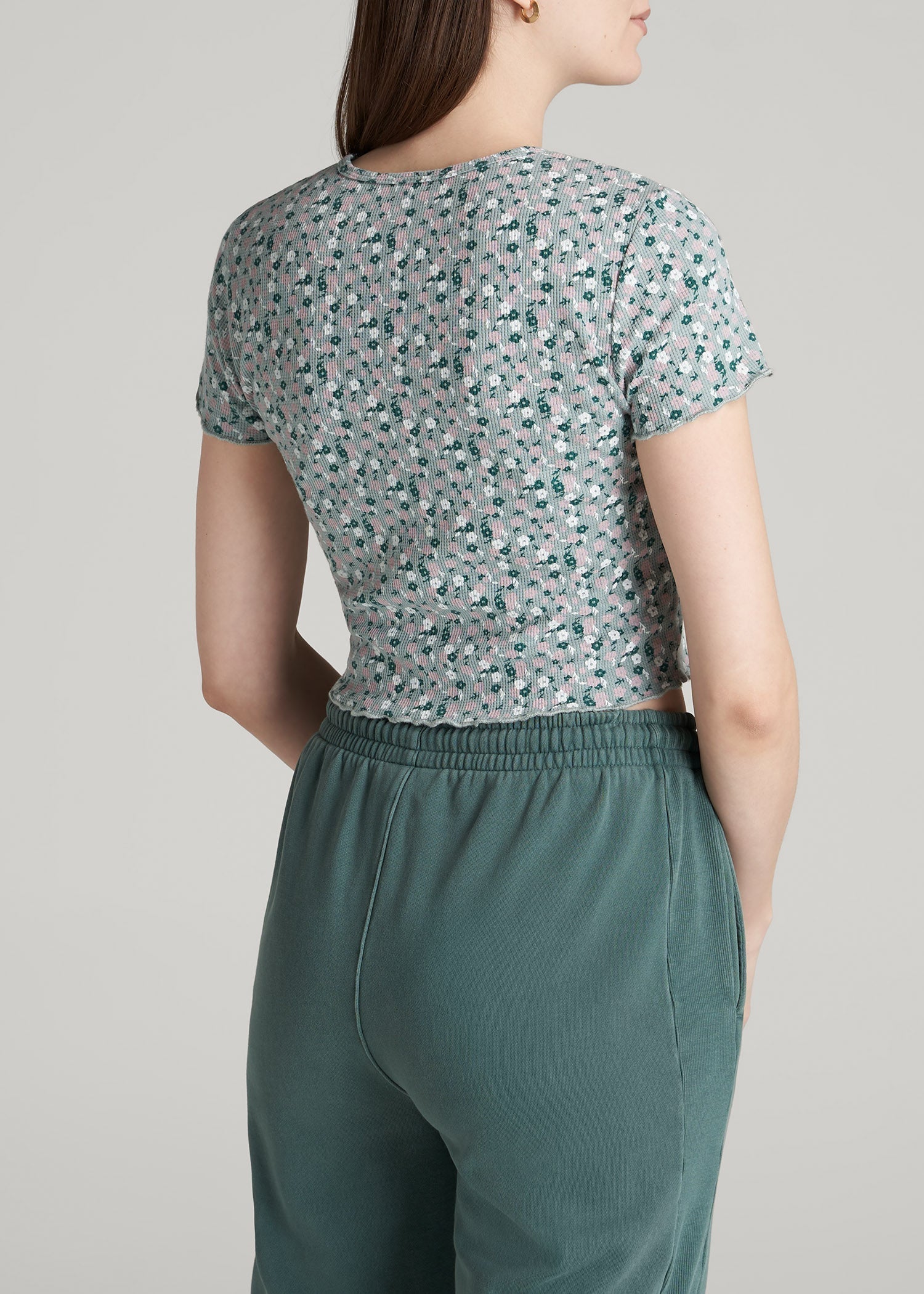 American Tall For Sale | Cropped Waffle Tee for Tall Women in Seaglass Floral