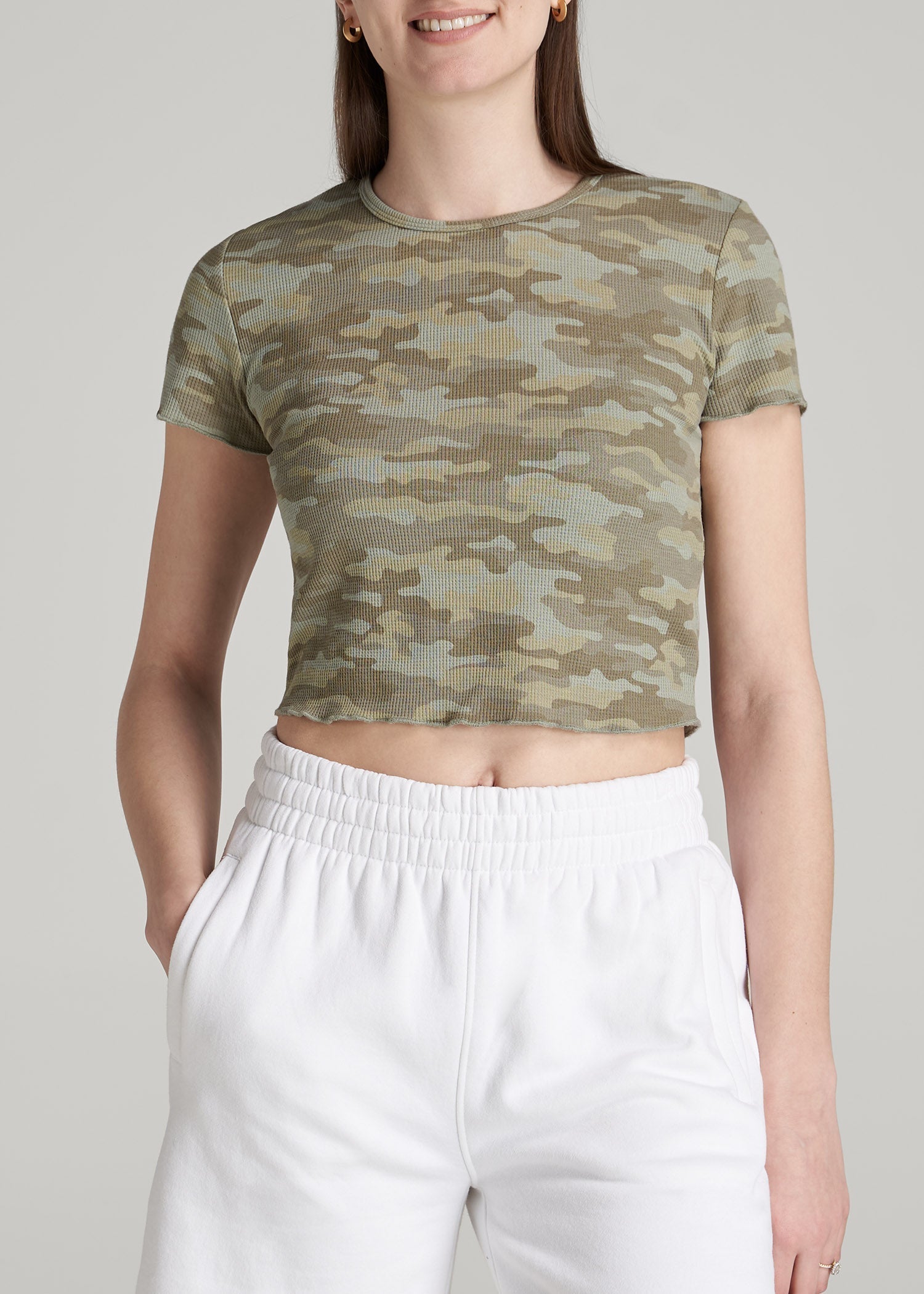 American Tall Online | Cropped Waffle Tee for Tall Women in Green Camo Print