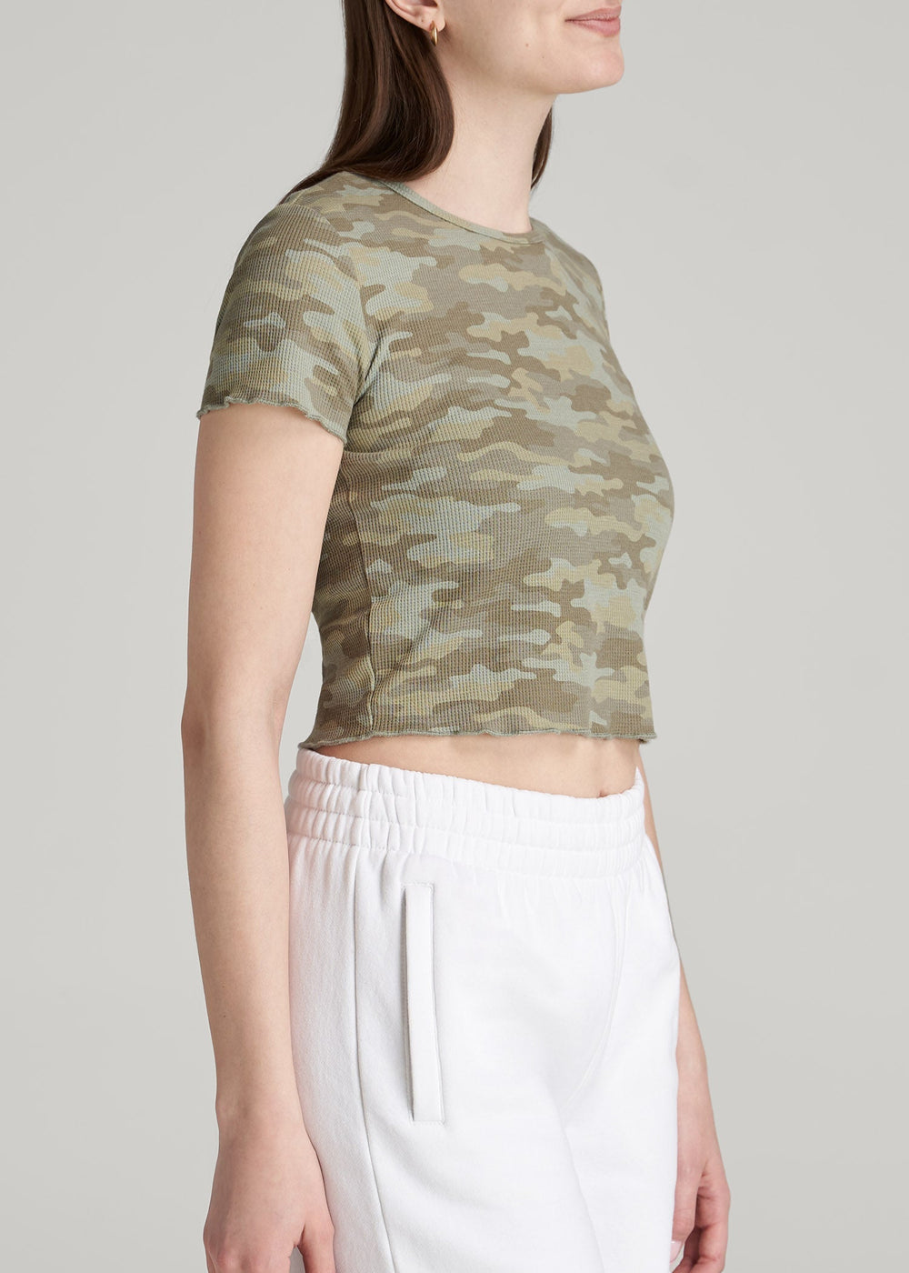 American Tall Online | Cropped Waffle Tee for Tall Women in Green Camo Print