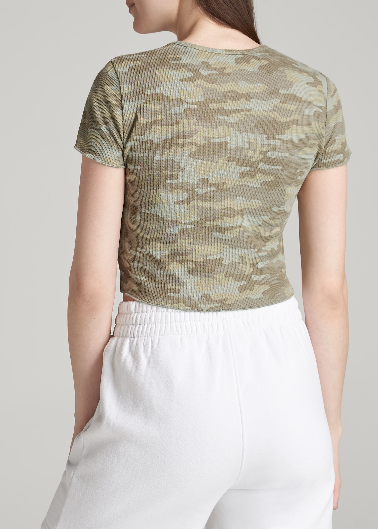American Tall Online | Cropped Waffle Tee for Tall Women in Green Camo Print