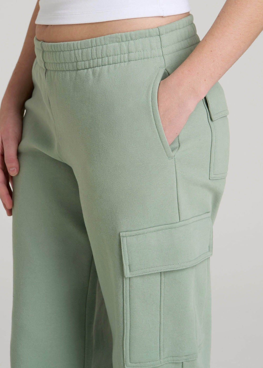 American Tall For Sale | Mid Rise Cargo Fleece Sweatpants for Tall Women in Seagrass