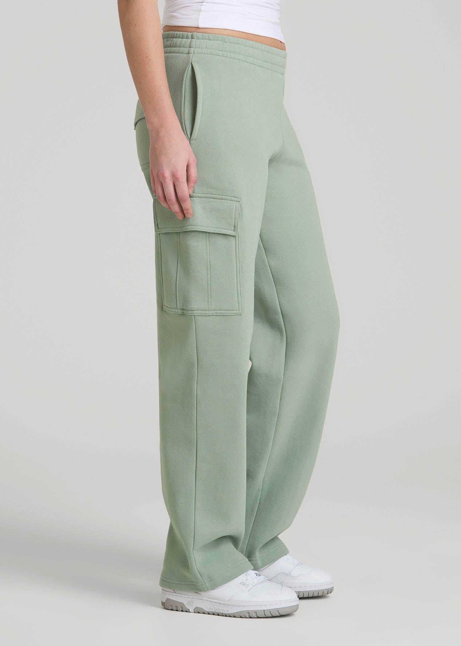 American Tall For Sale | Mid Rise Cargo Fleece Sweatpants for Tall Women in Seagrass