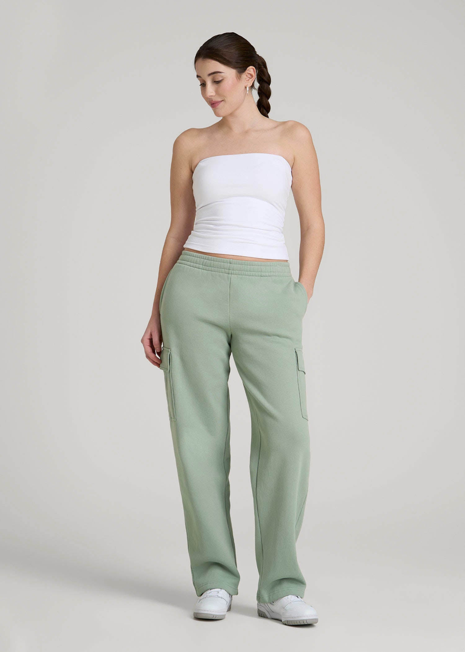 American Tall For Sale | Mid Rise Cargo Fleece Sweatpants for Tall Women in Seagrass