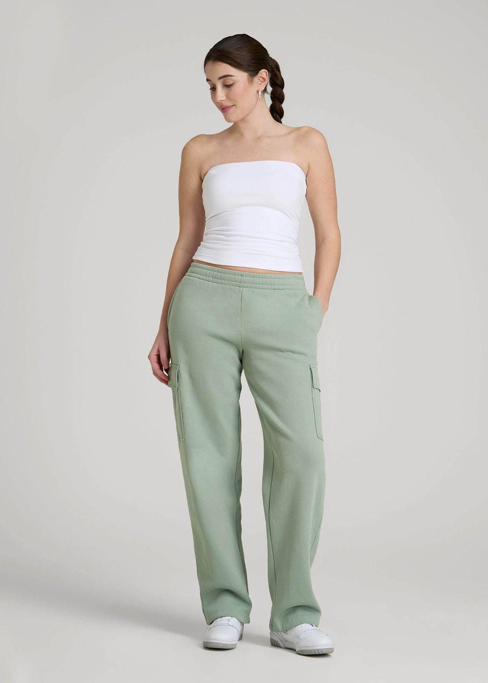 American Tall For Sale | Mid Rise Cargo Fleece Sweatpants for Tall Women in Seagrass