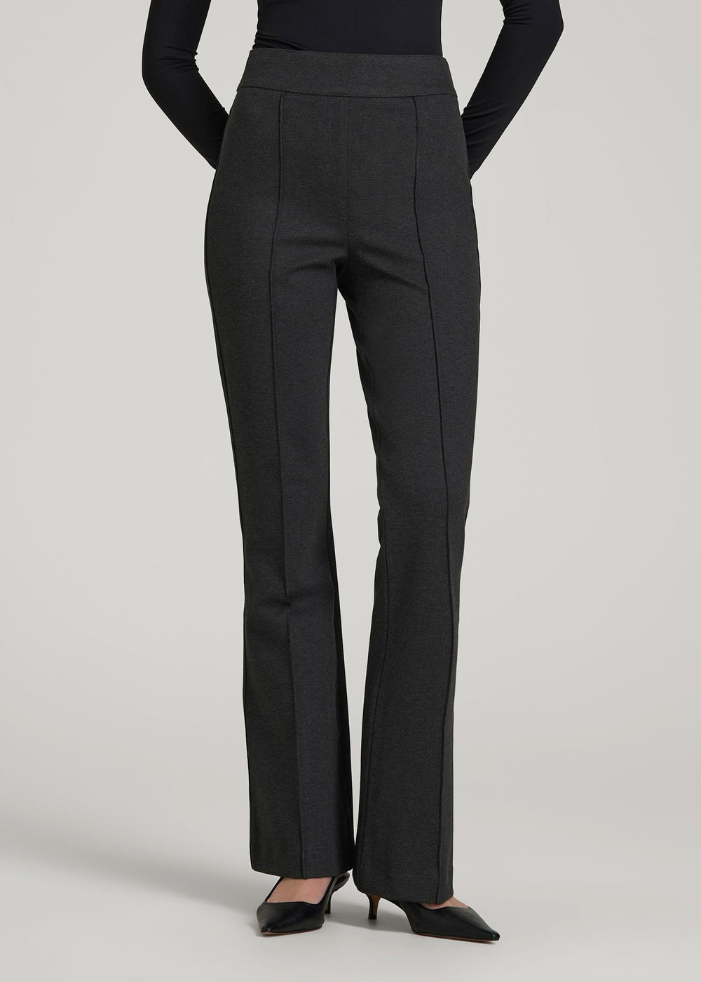 American Tall Sale | Soft Flex Ponte Pull On Flare Pants for Tall Women in Dark Charcoal Heather