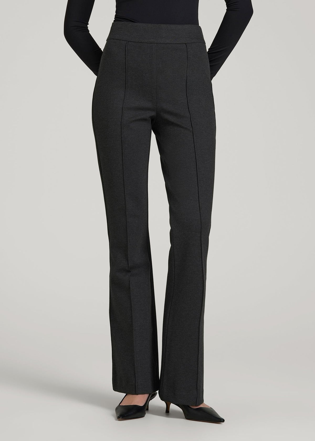 American Tall Sale | Soft Flex Ponte Pull On Flare Pants for Tall Women in Dark Charcoal Heather