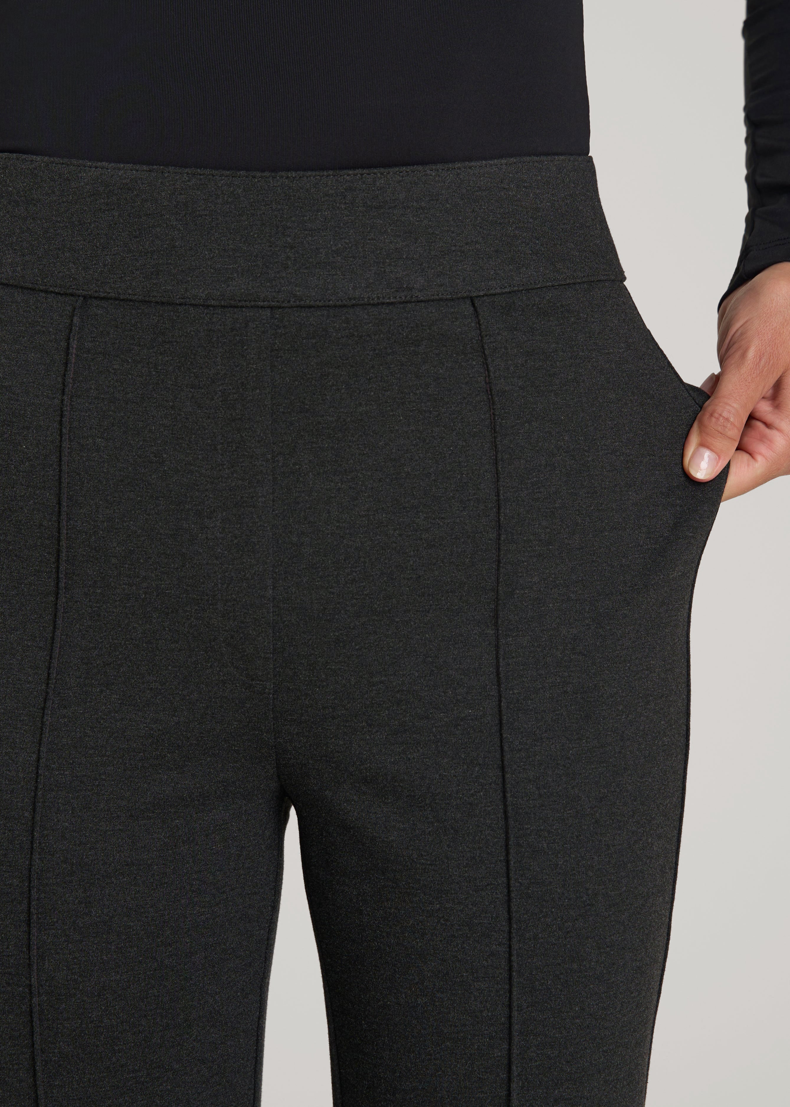 American Tall Sale | Soft Flex Ponte Pull On Flare Pants for Tall Women in Dark Charcoal Heather