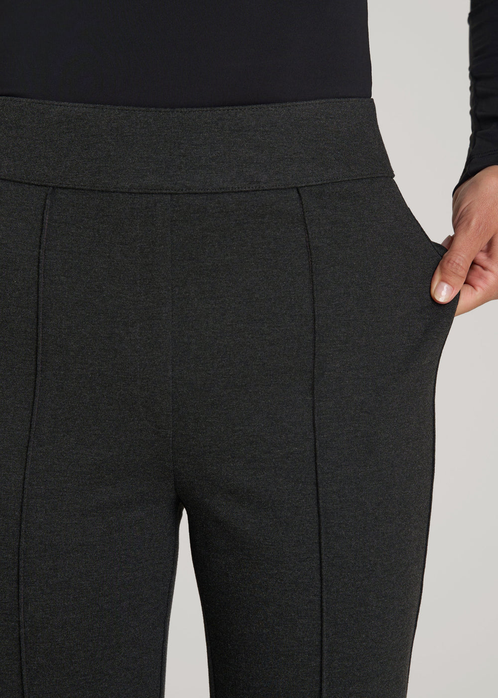 American Tall Sale | Soft Flex Ponte Pull On Flare Pants for Tall Women in Dark Charcoal Heather
