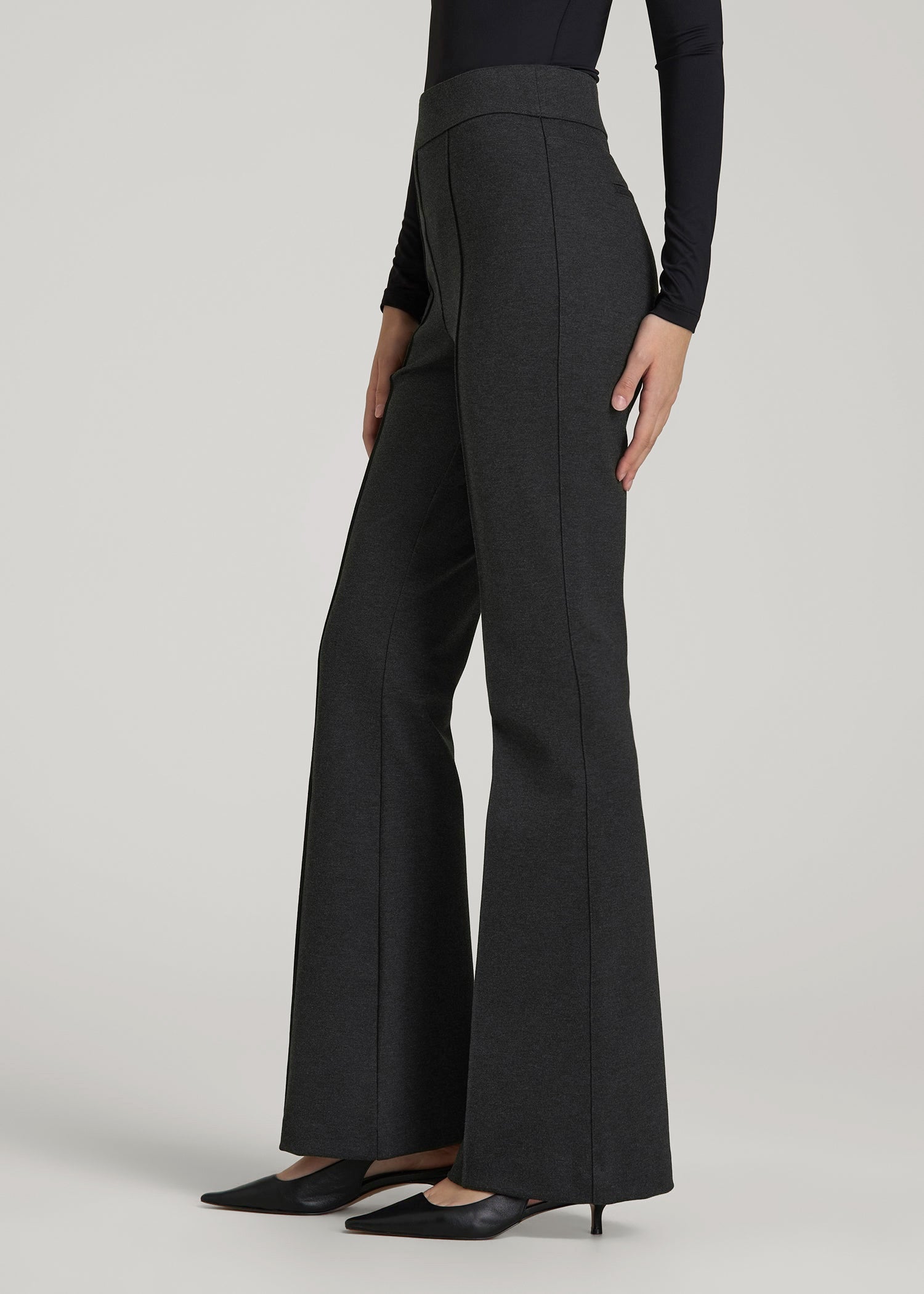 American Tall Sale | Soft Flex Ponte Pull On Flare Pants for Tall Women in Dark Charcoal Heather