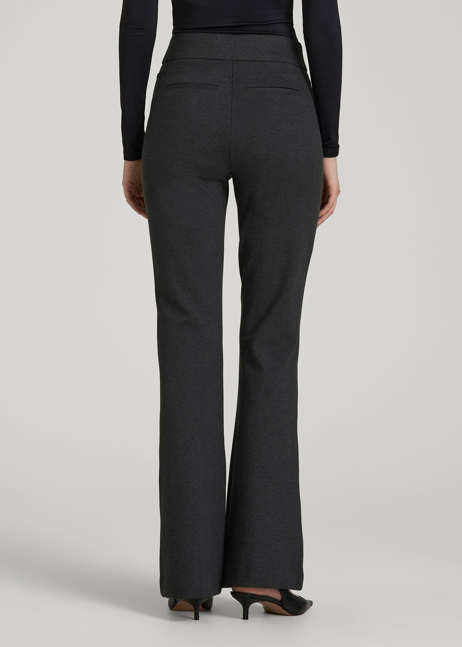 American Tall Sale | Soft Flex Ponte Pull On Flare Pants for Tall Women in Dark Charcoal Heather