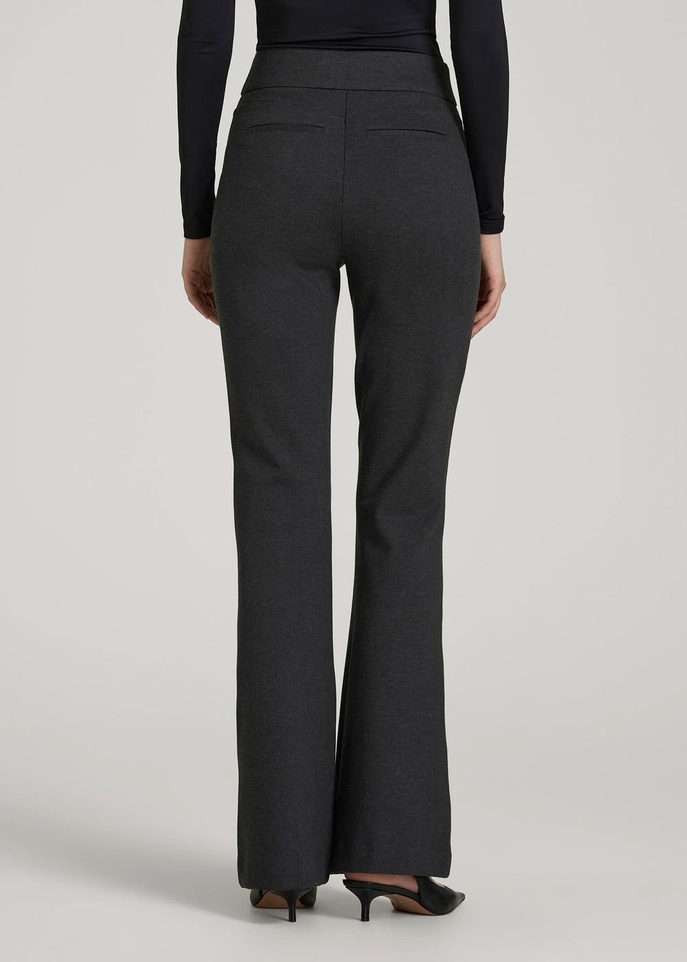 American Tall Sale | Soft Flex Ponte Pull On Flare Pants for Tall Women in Dark Charcoal Heather