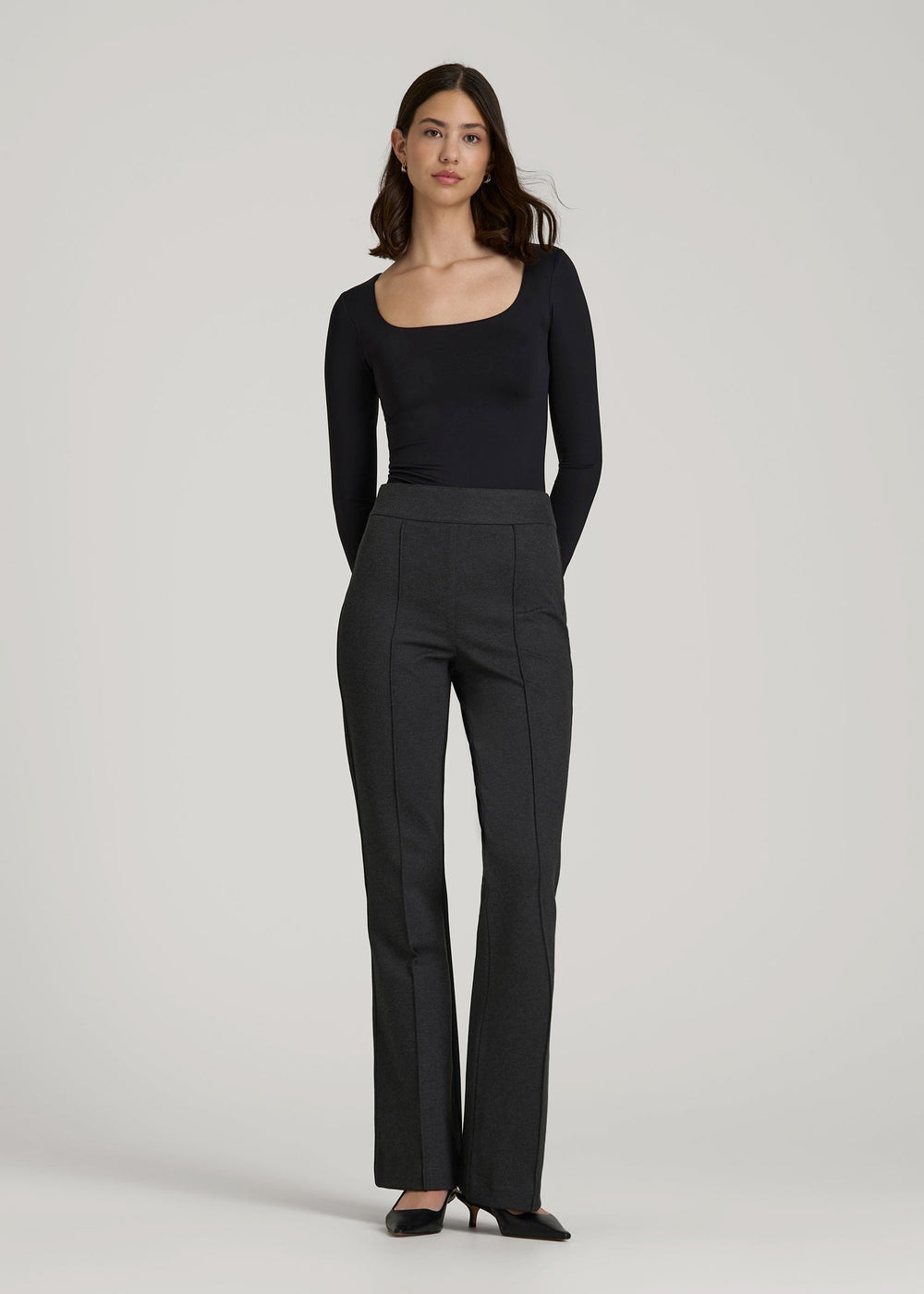 American Tall Sale | Soft Flex Ponte Pull On Flare Pants for Tall Women in Dark Charcoal Heather