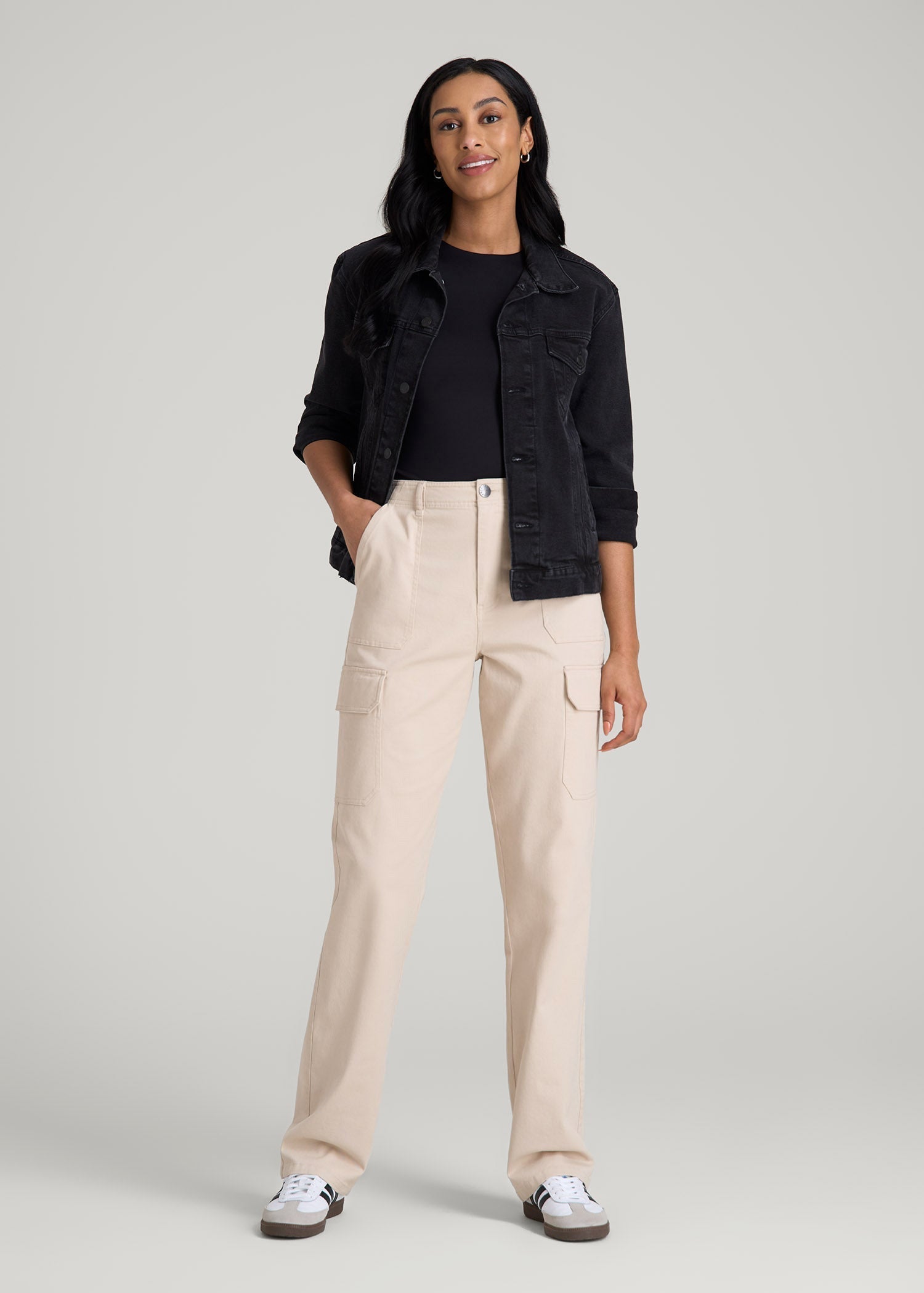 American Tall Online Shop | Straight Leg Cargo Chino Pants for Tall Women in Soft Beige