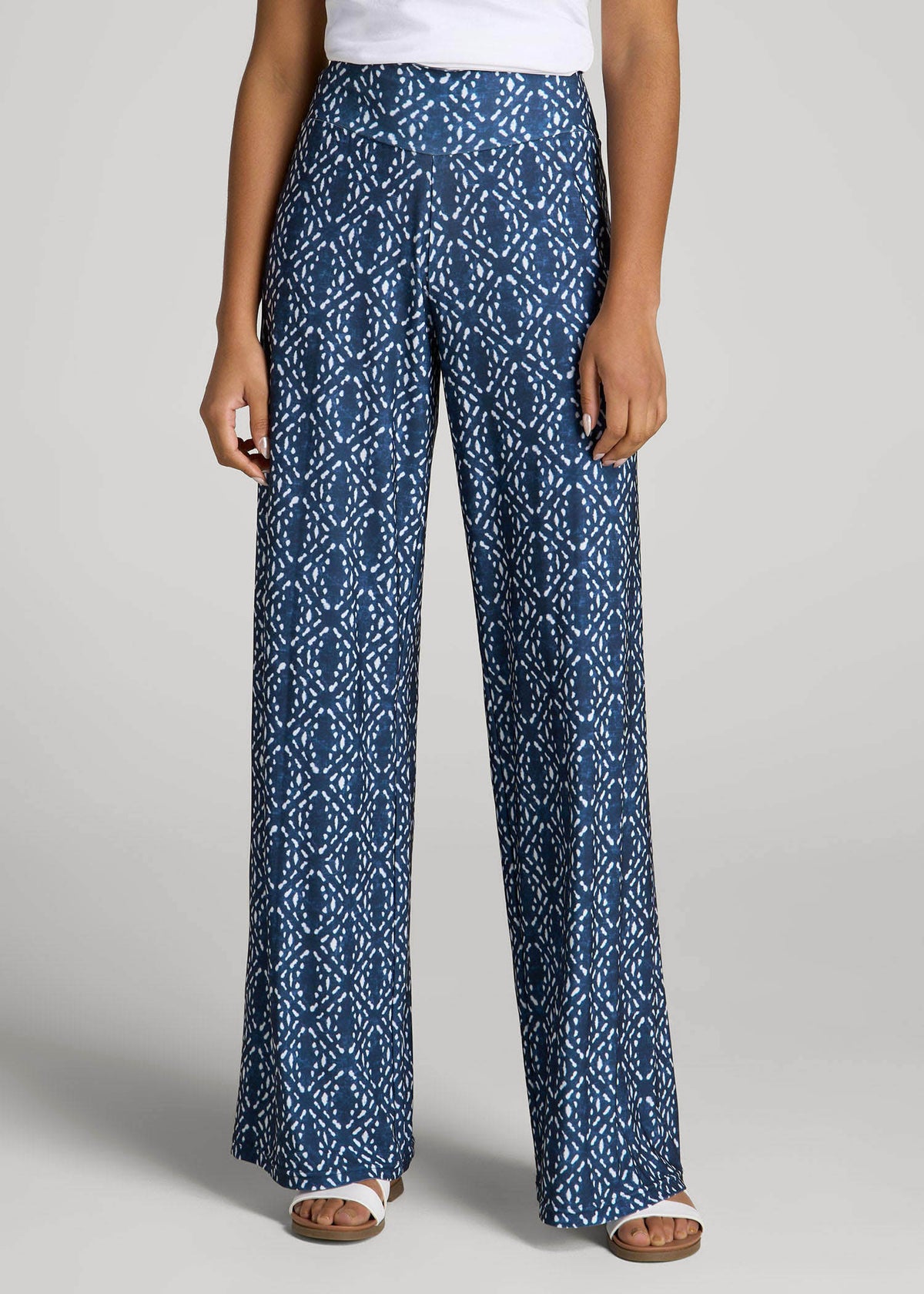 American Tall Sale | Pull-On Breezy Wide Leg Pants for Tall Women in Indigo Tribal Print