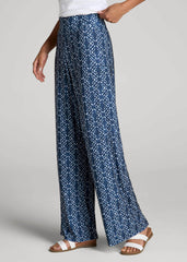 American Tall Sale | Pull-On Breezy Wide Leg Pants for Tall Women in Indigo Tribal Print