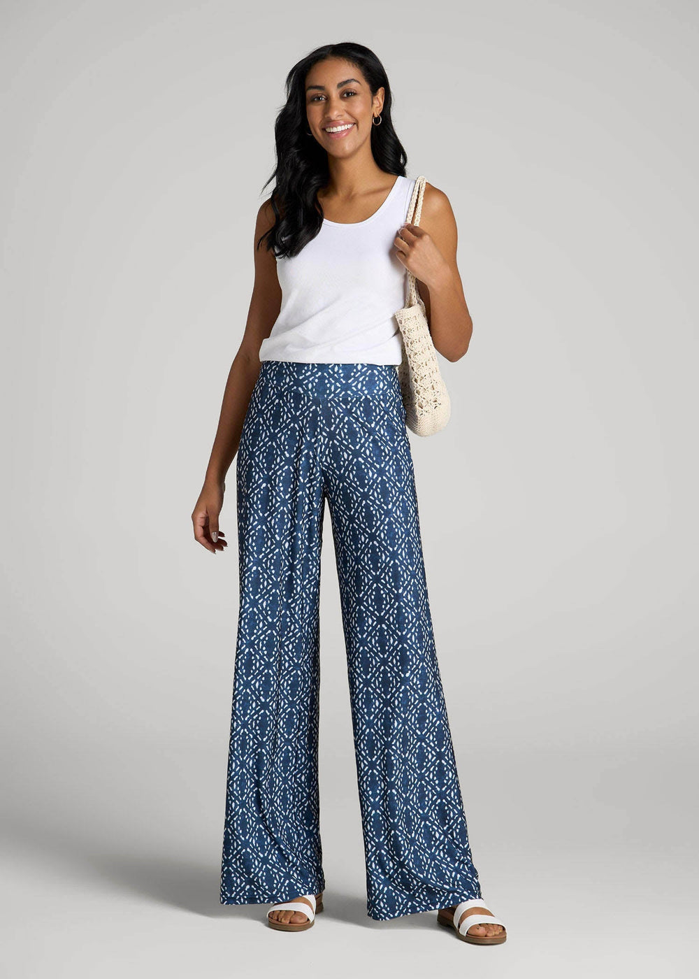 American Tall Sale | Pull-On Breezy Wide Leg Pants for Tall Women in Indigo Tribal Print
