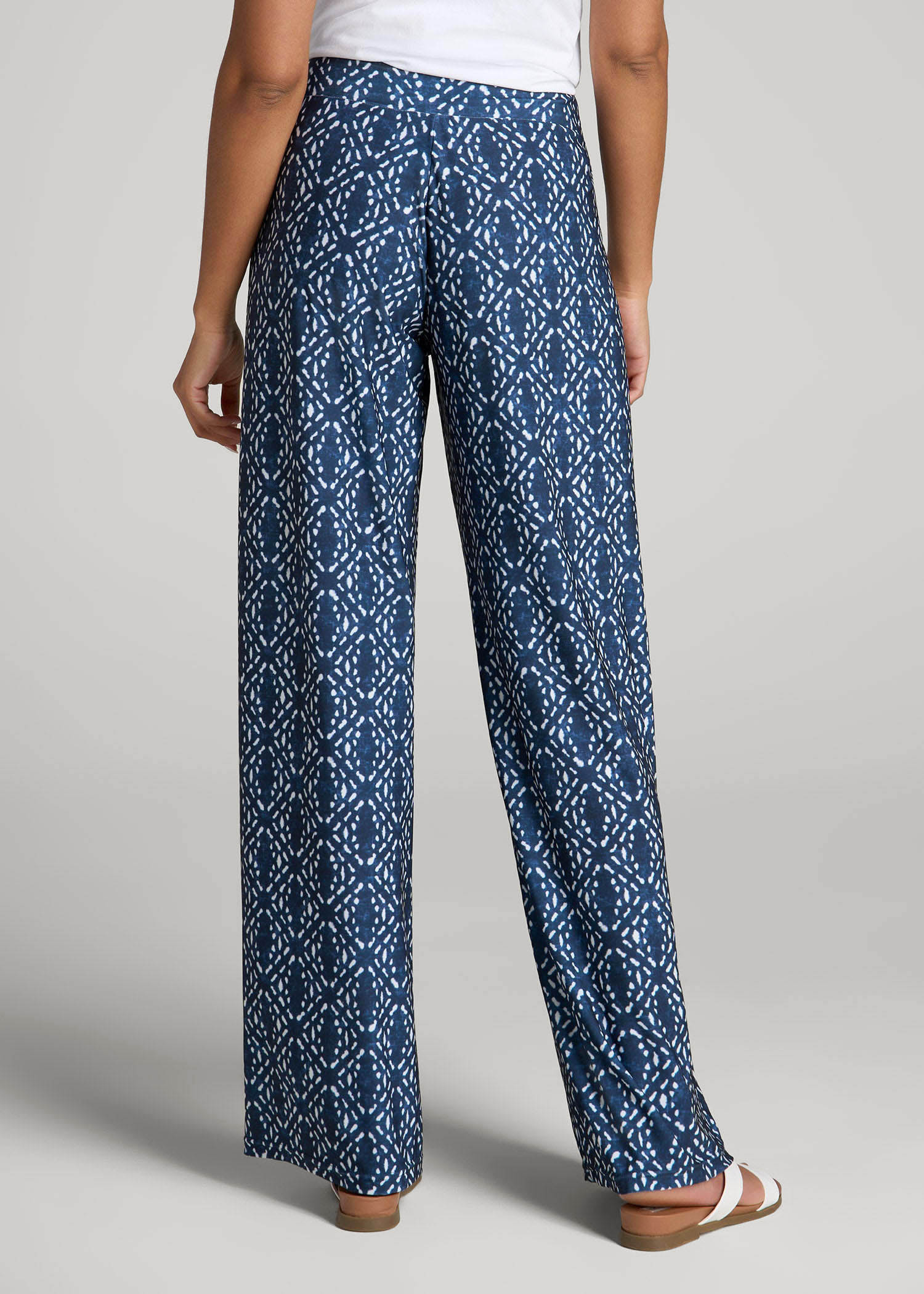 American Tall Sale | Pull-On Breezy Wide Leg Pants for Tall Women in Indigo Tribal Print