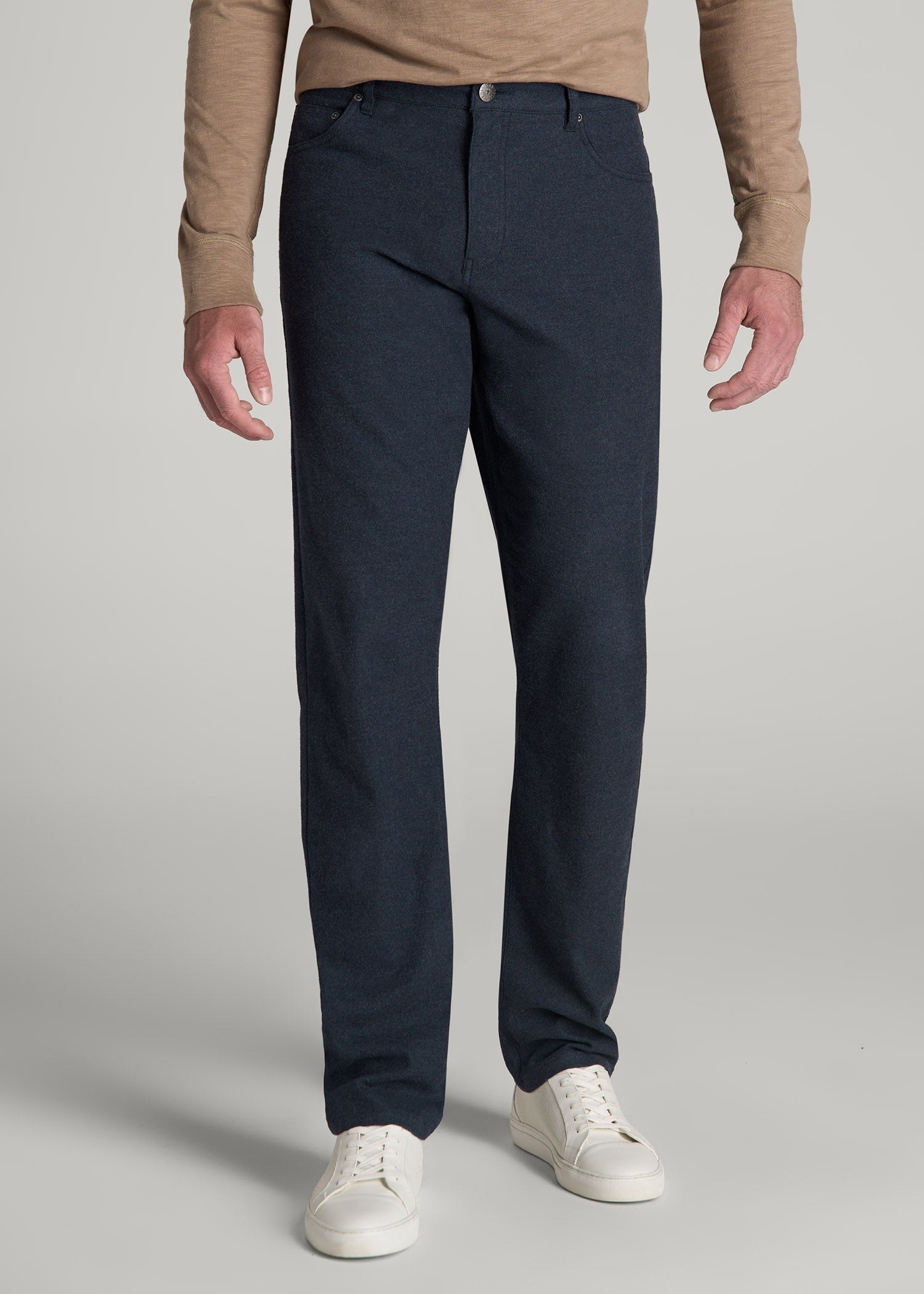 American Tall Outlet | TAPERED-FIT Stretch Flannel 5 Pocket Pants for Tall Men in Dark Indigo Mix