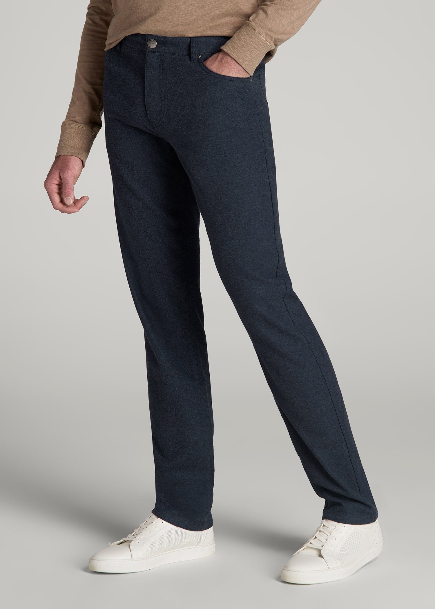 American Tall Outlet | TAPERED-FIT Stretch Flannel 5 Pocket Pants for Tall Men in Dark Indigo Mix