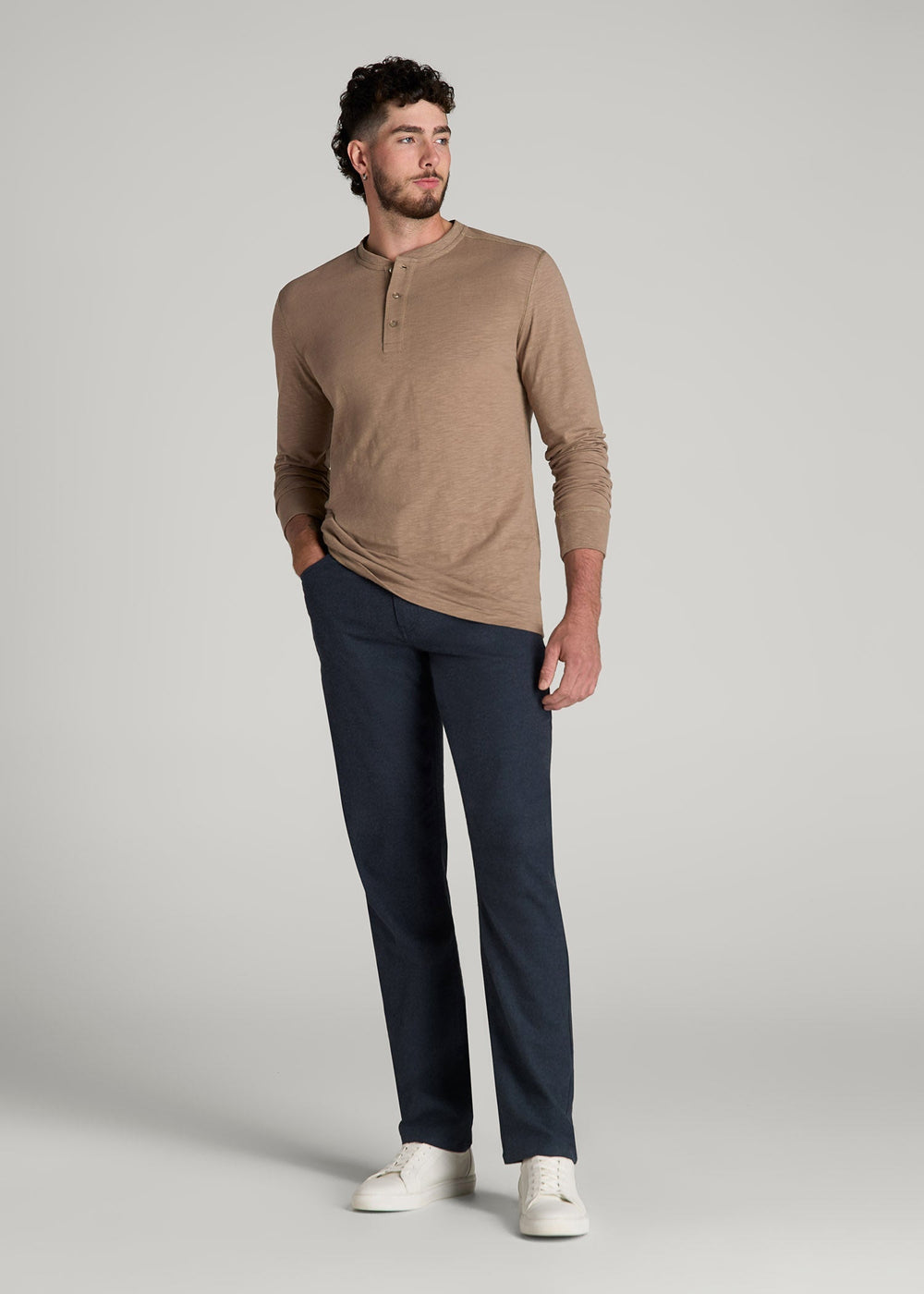 American Tall Outlet | TAPERED-FIT Stretch Flannel 5 Pocket Pants for Tall Men in Dark Indigo Mix