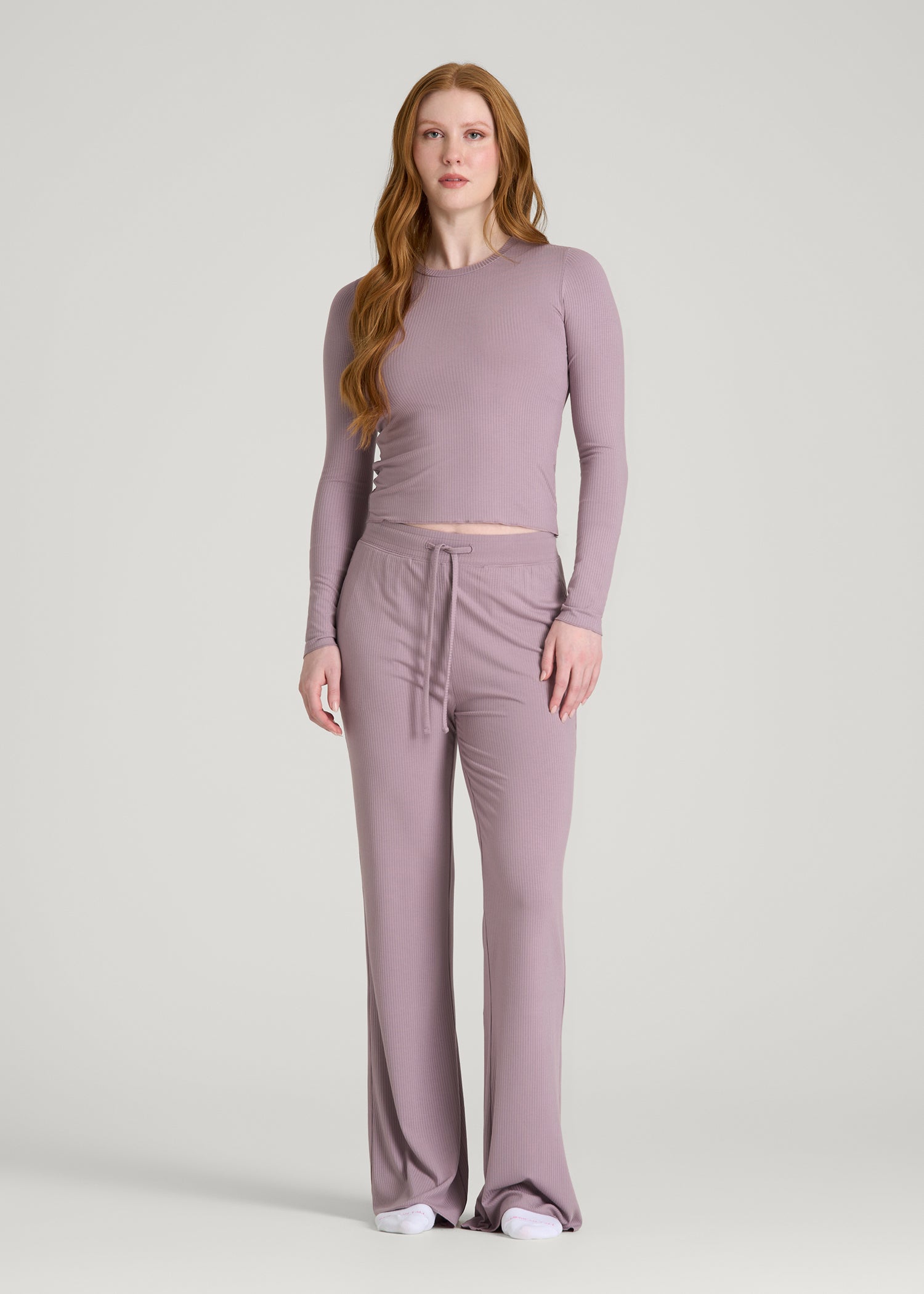American Tall Discount | Lightweight Ribbed Cropped Lounge Top for Tall Women in Smoked Mauve