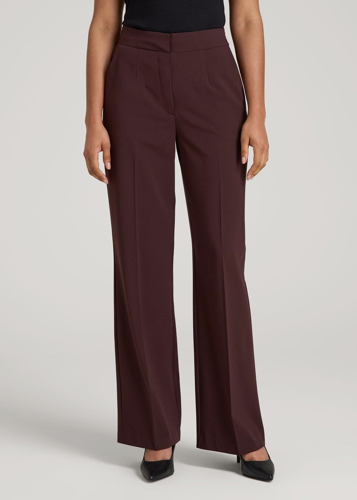 American Tall Discount | Flat Front Wide Leg Dress Pants for Tall Women in Oxblood