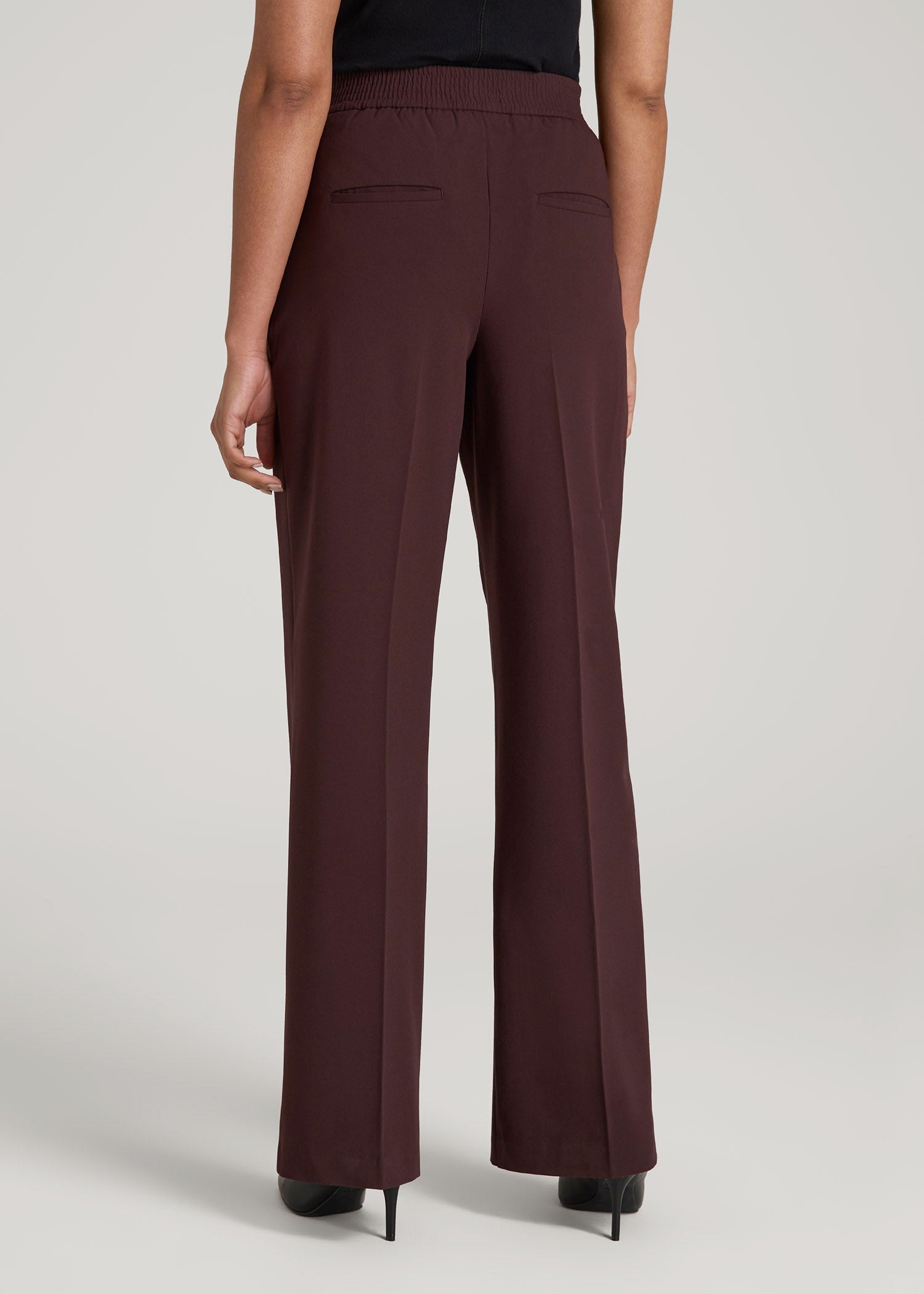 American Tall Discount | Flat Front Wide Leg Dress Pants for Tall Women in Oxblood