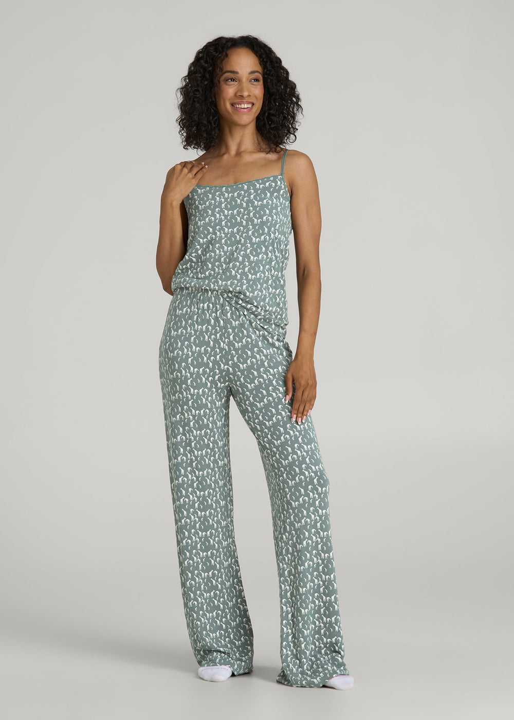 American Tall Discount | Lace Camisole Tank Top for Tall Women in Malachite Green Giraffe Print