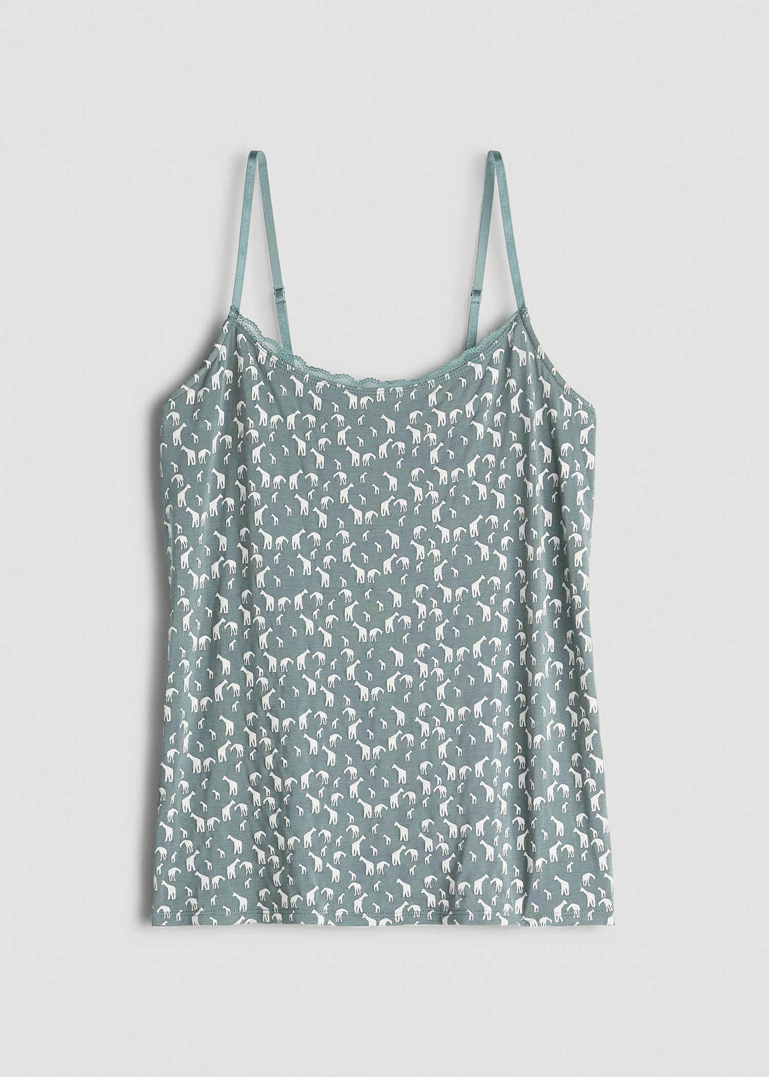 American Tall Discount | Lace Camisole Tank Top for Tall Women in Malachite Green Giraffe Print