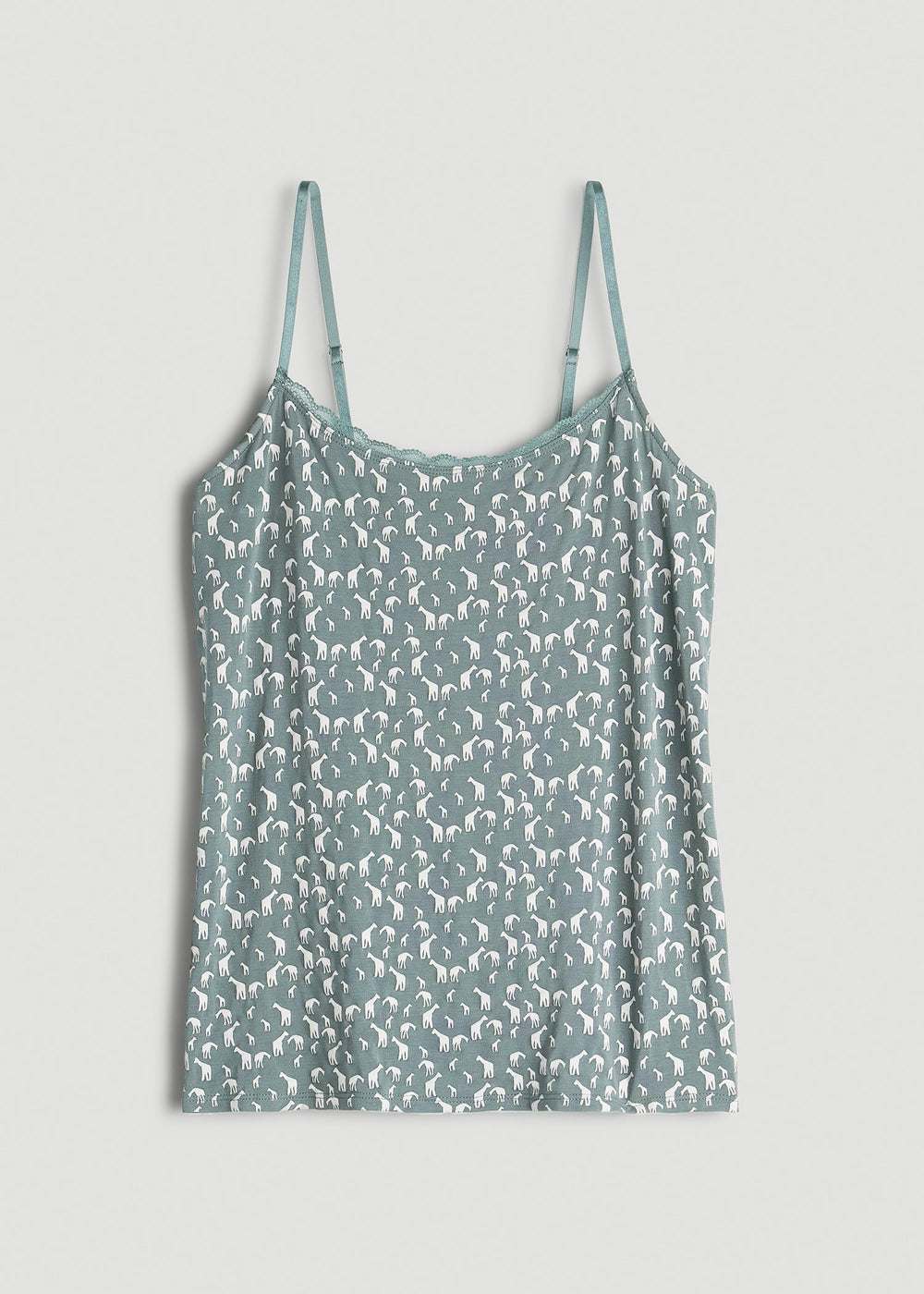 American Tall Discount | Lace Camisole Tank Top for Tall Women in Malachite Green Giraffe Print