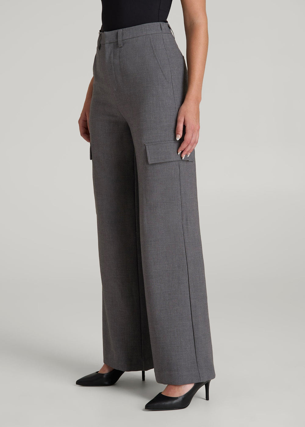 American Tall Discount | Cargo Wide Leg Dress Pants for Tall Women in Graphic Charcoal