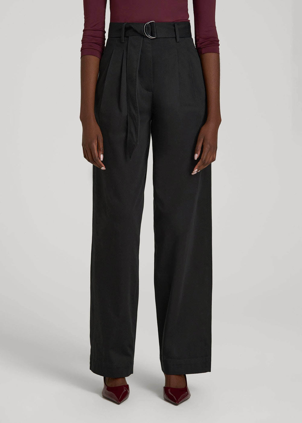 American Tall Online | Pleated Wide Leg Chino With Belt for Tall Women in Deep Black