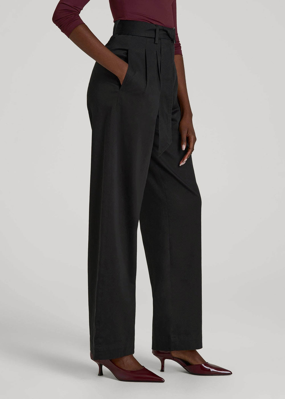 American Tall Online | Pleated Wide Leg Chino With Belt for Tall Women in Deep Black