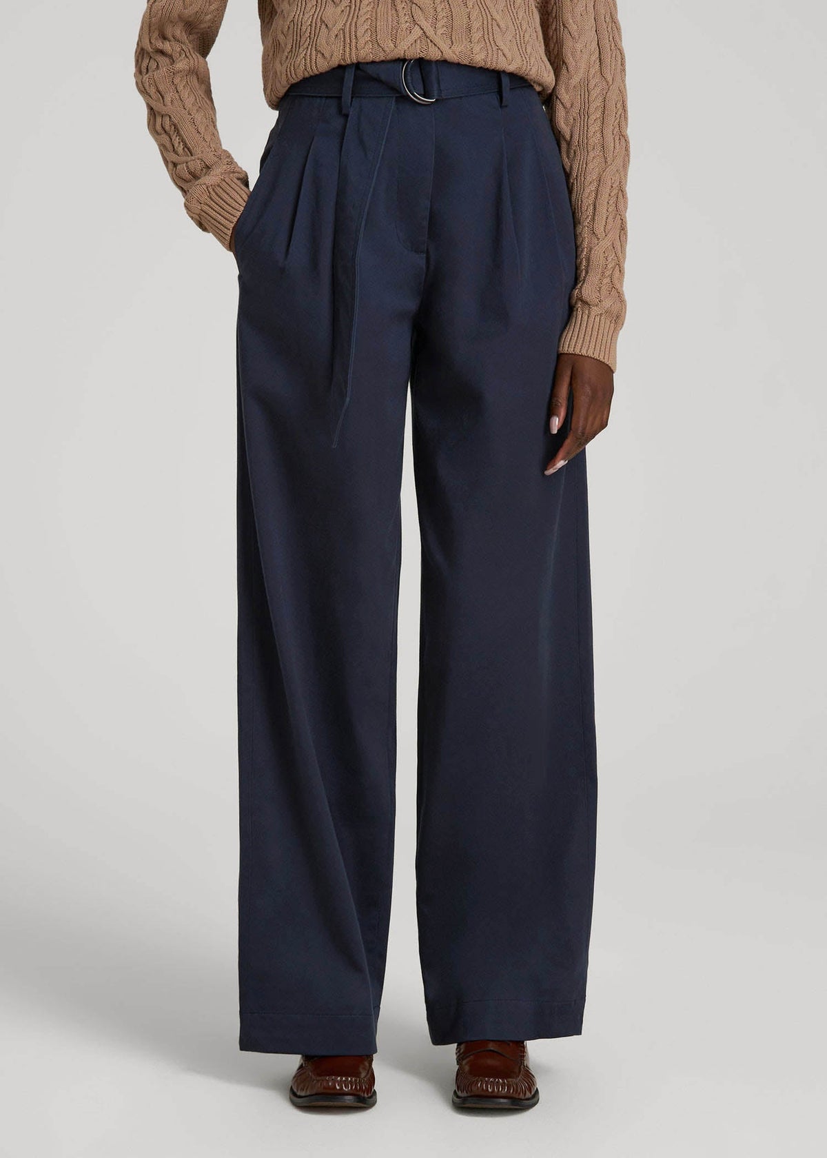 American Tall Outlet | Pleated Wide Leg Chino With Belt for Tall Women in True Navy