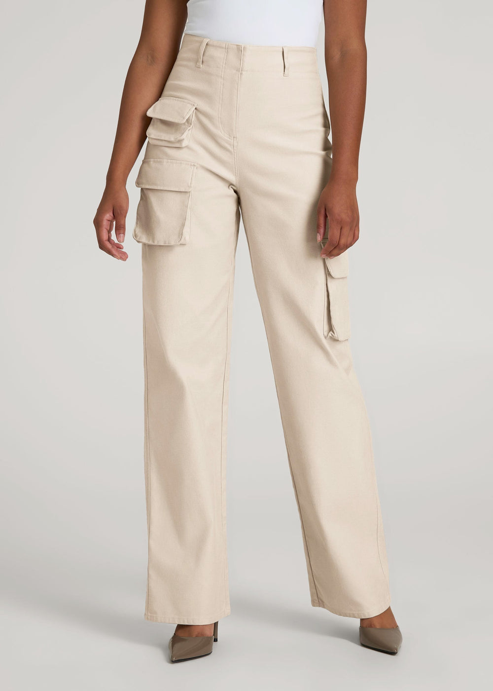 American Tall Online Shop | High-Waist Flat Front Cargo Pants for Tall Women in Stone