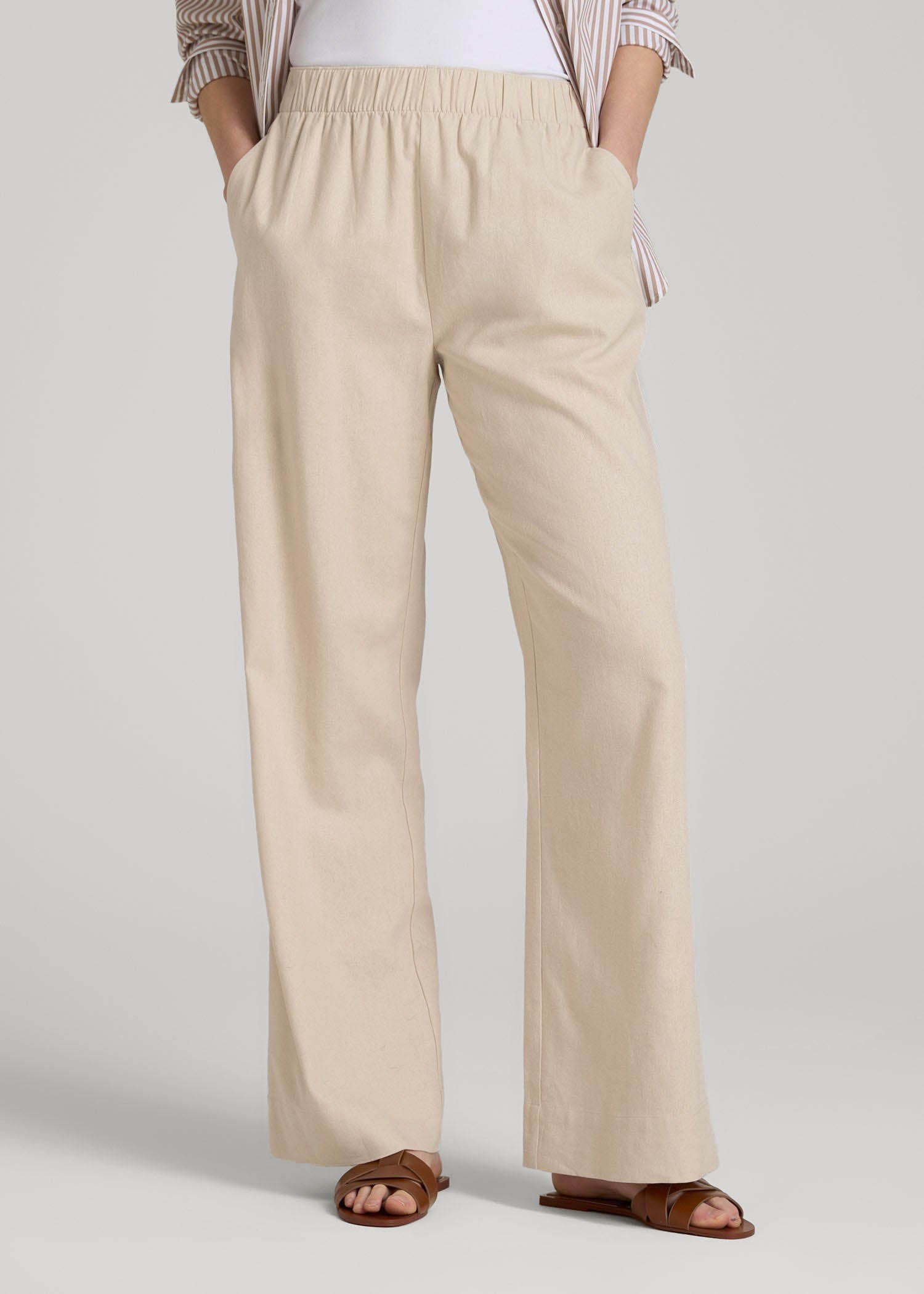 American Tall Online | Pull On Wide Leg Linen Pants for Tall Women in Light Stone